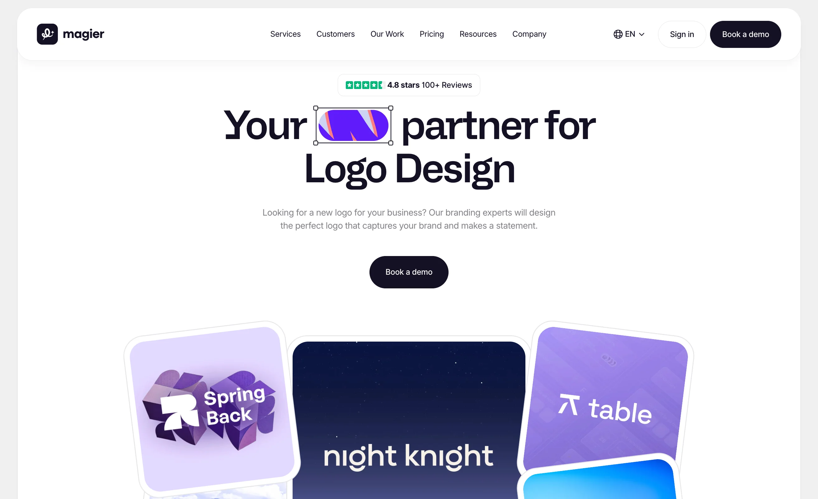 magier's logo design landing page with the headline "Your [logo mark] partner for Logo Design," a 4.8-star Trustpilot rating, a "Book a demo" button, and a row of colorful client logo cards including Spring Back, night knight, and table.