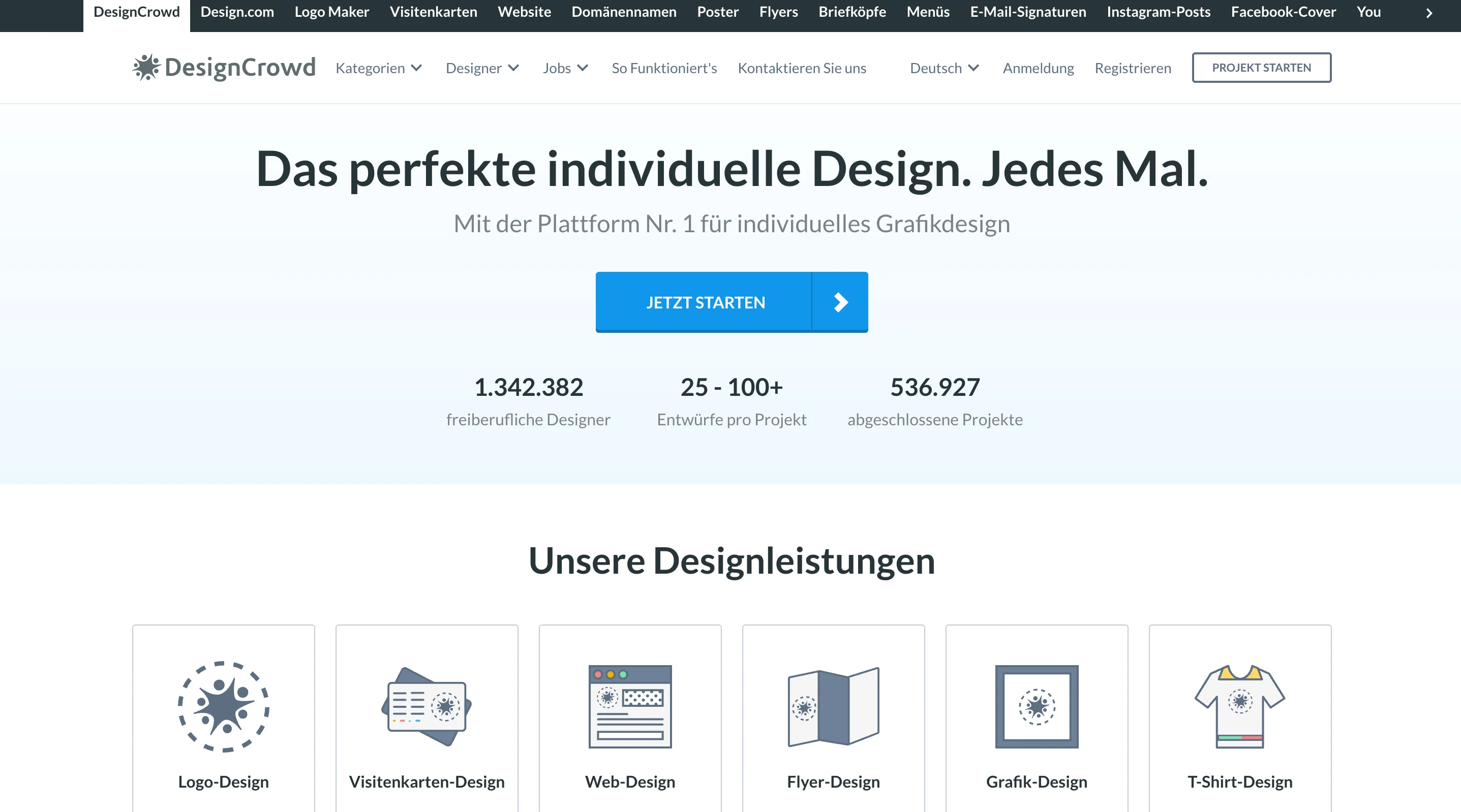 DesignCrowd's German-language homepage with the headline "Das perfekte individuelle Design. Jedes Mal," a "Jetzt starten" button, stats on freelance designers and completed projects, and a row of service icons including Logo-Design and Web-Design.