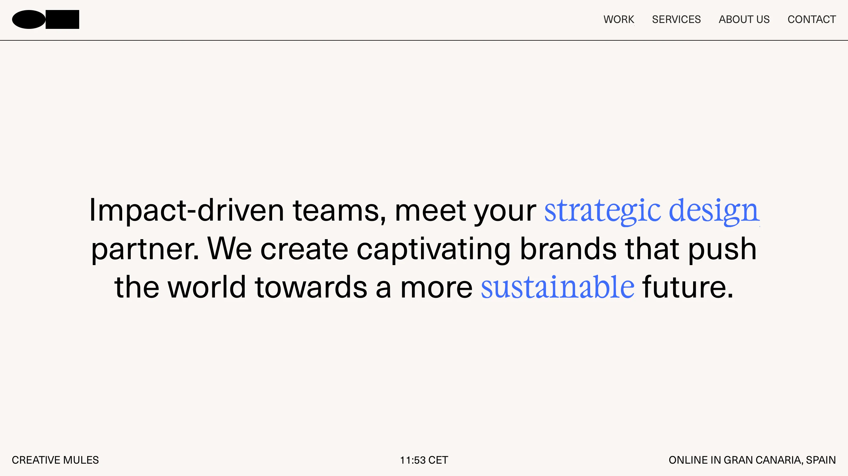 Creative Mules' homepage with the headline "Impact-driven teams, meet your strategic design partner. We create captivating brands that push the world towards a more sustainable future," and a footer noting the studio is online in Gran Canaria, Spain.