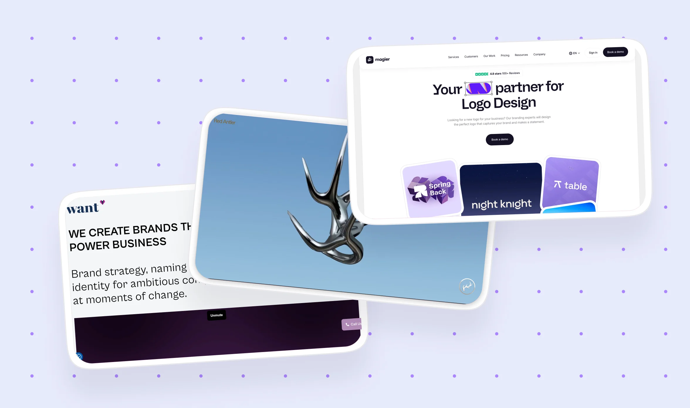 Three duplicate copies of the same composite image: overlapping browser windows showing magier's logo design landing page, Red Antler's antler render, and want's homepage, arranged at an angle against a light purple dotted background.