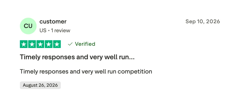 Trustpilot review by an anonymous customer, 4 out of 5 stars, verified, dated September 10, 2026. The reviewer briefly praises 99designs for timely responses and a well-run competition.