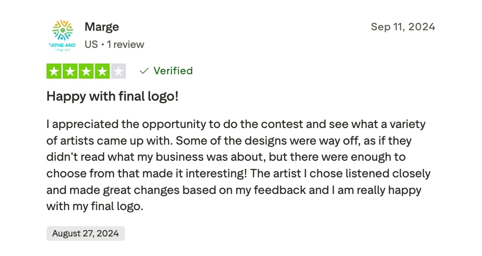 Trustpilot review by Marge, 4 out of 5 stars, verified, dated August 27, 2024. The reviewer appreciated seeing a variety of concepts through the contest model, noting some entries missed the brief, but ended up happy with her final logo after the chosen designer incorporated her feedback.