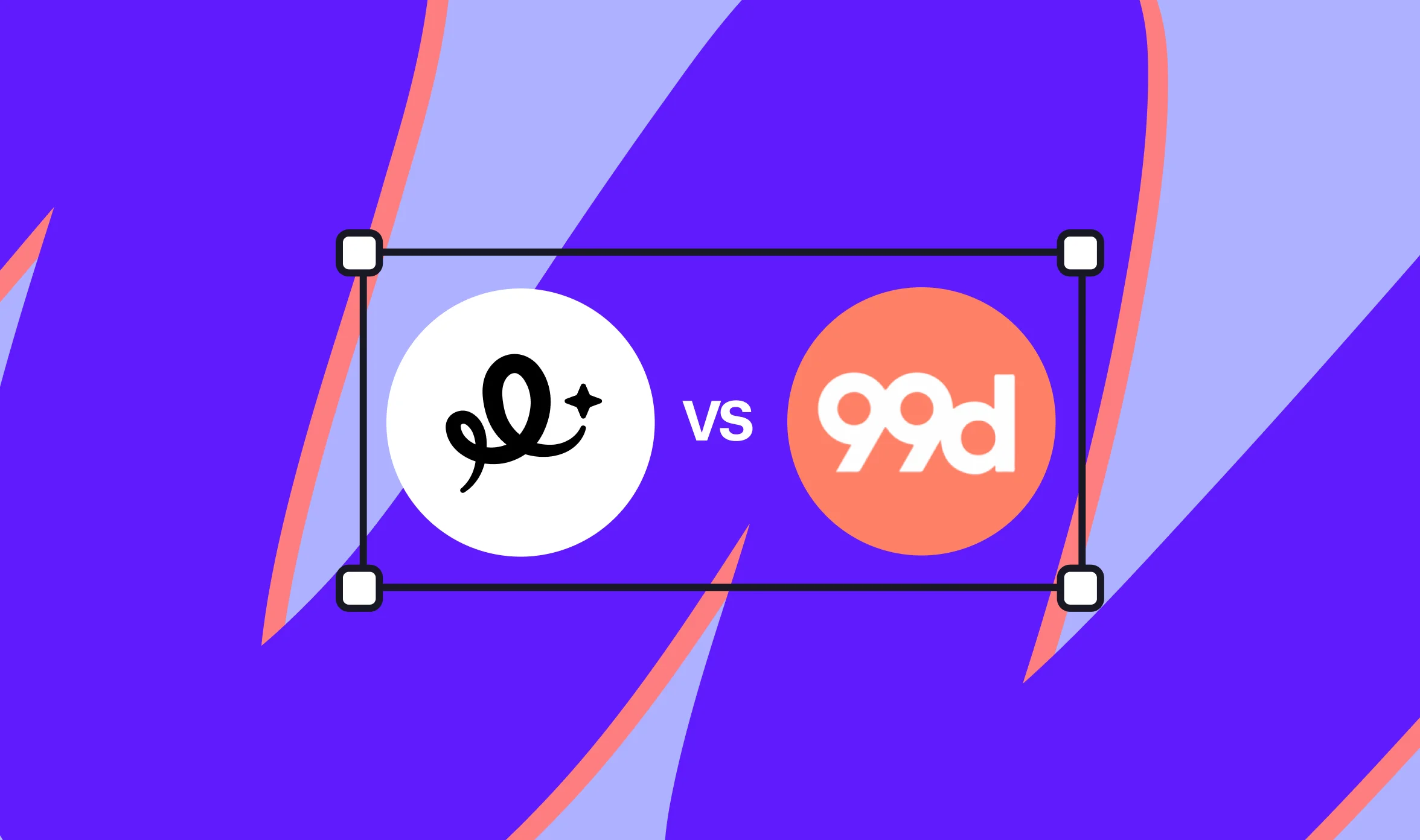 magier logo (white circle with a script "el" mark and sparkle) and 99designs logo (orange circle with "99d") separated by "vs," set against a purple background with abstract coral and lavender accent shapes, representing a comparison between the two design services.