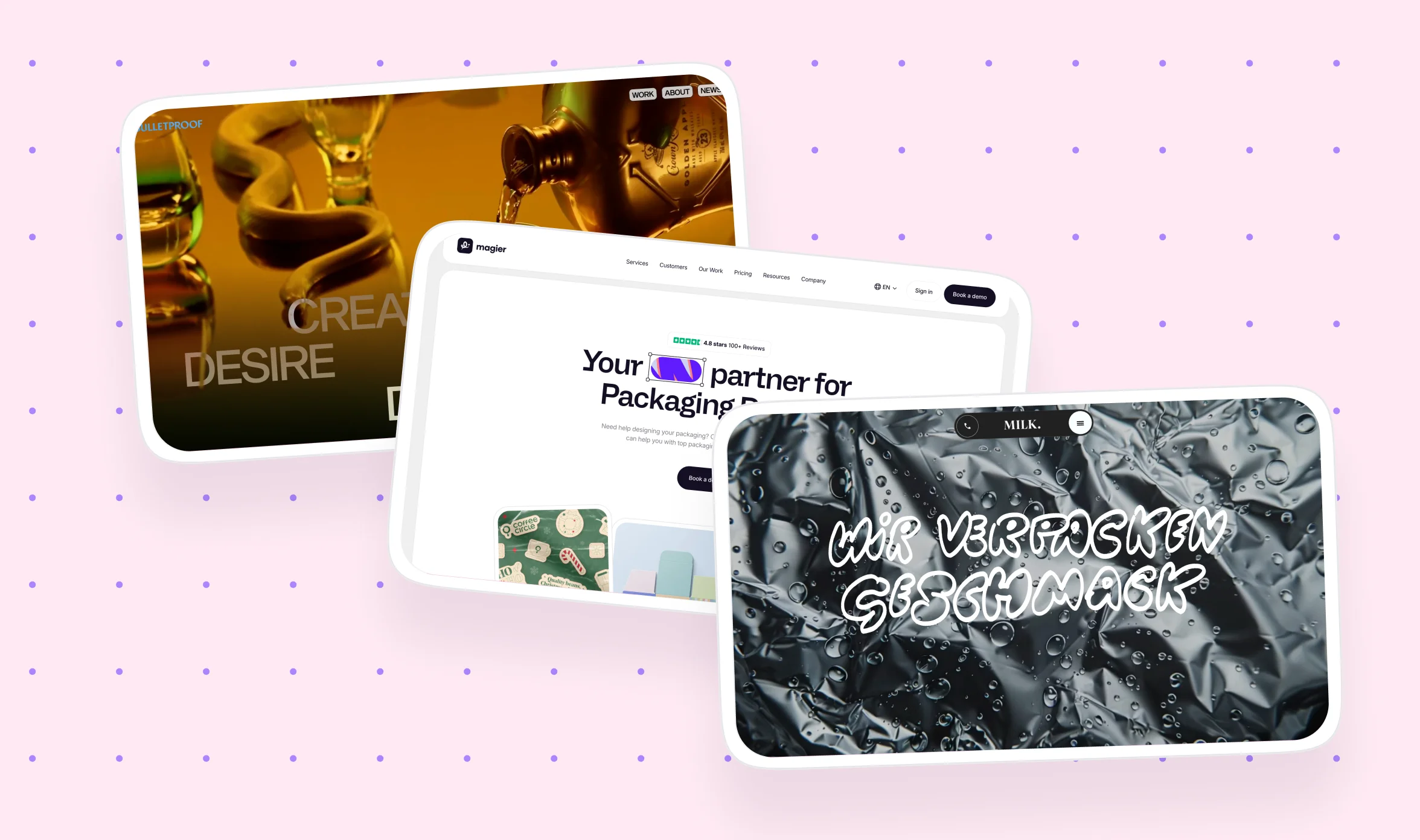 Collage of three agency sites: Bulletproof's Create Desire Through Disruption, magier's packaging page, and MILK.'s homepage