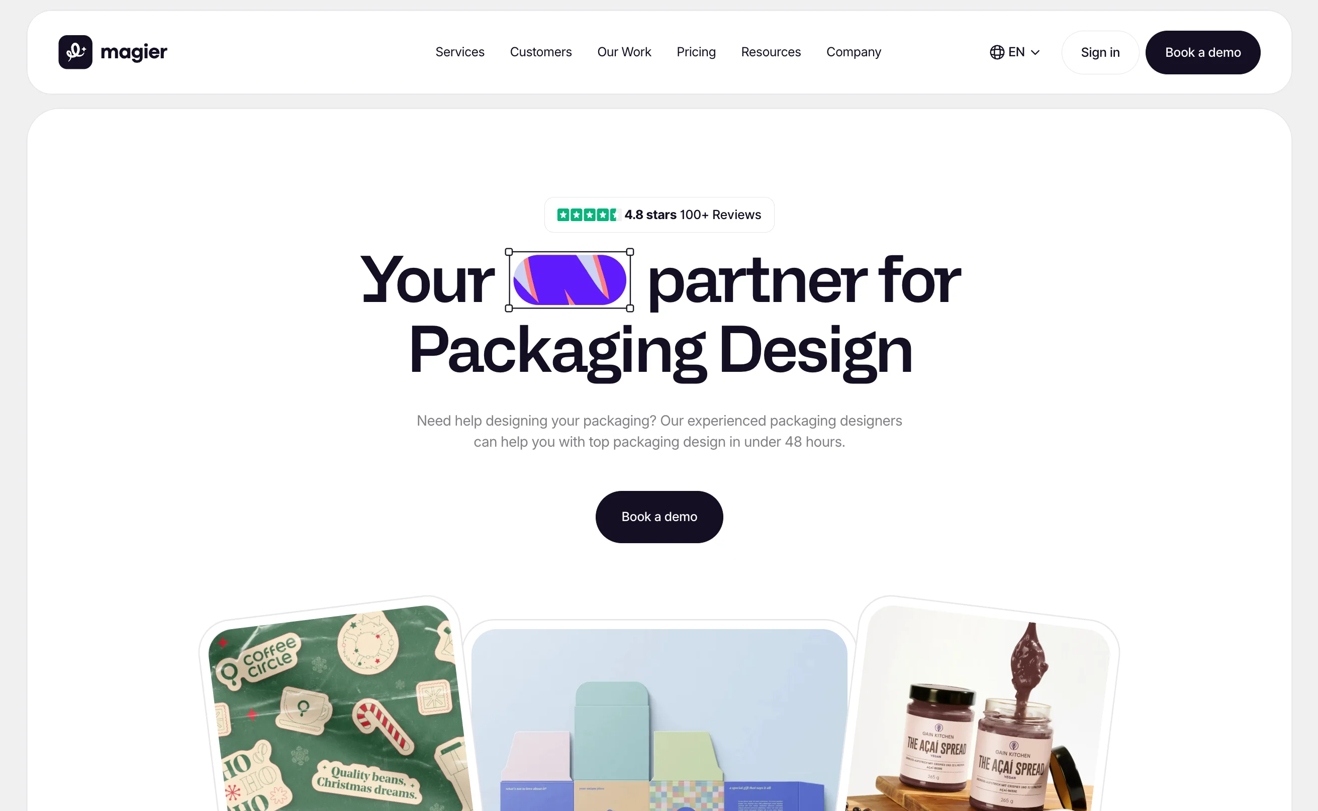 magier packaging design page with a 4.8-star badge, the headline Your partner for Packaging Design, and a Book a demo button