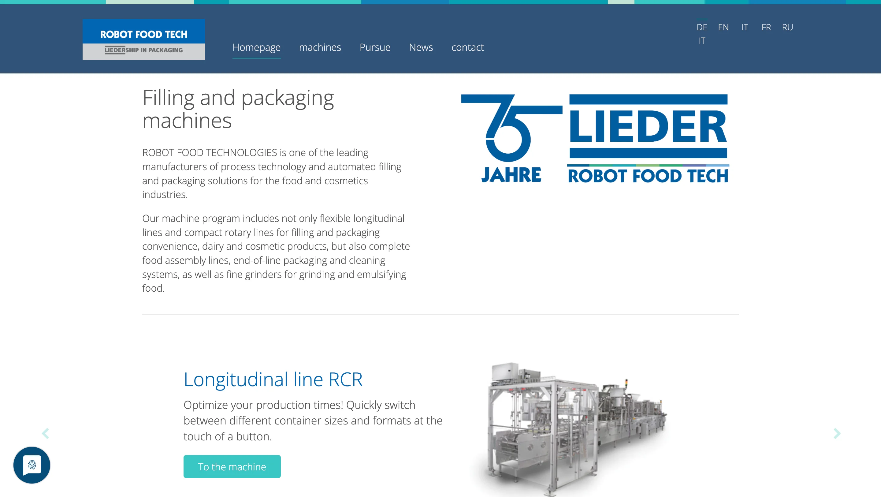 Robot Food Tech homepage, a filling and packaging machine maker, with a Lieder 75 years logo and a machine photo