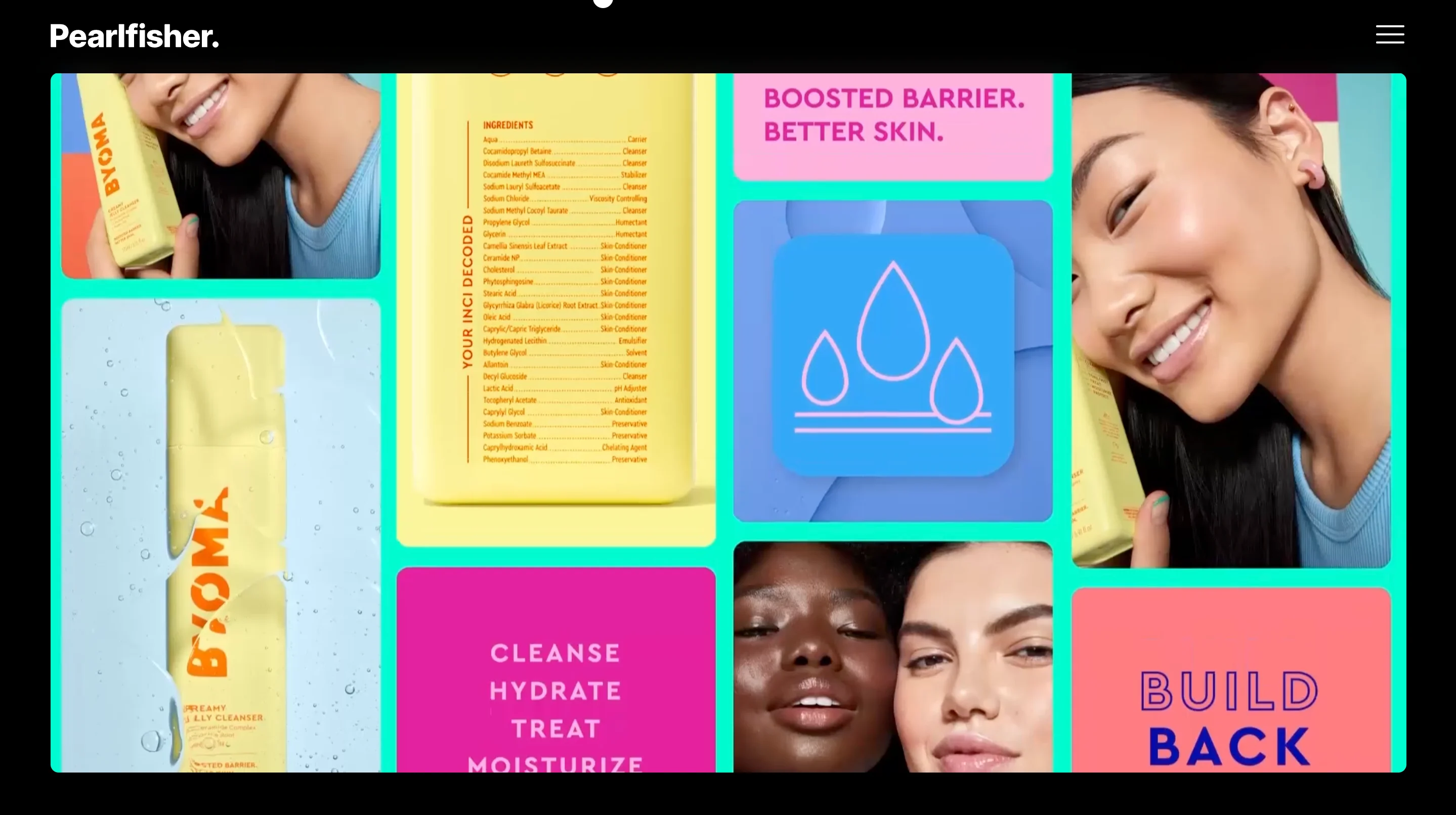 Pearlfisher homepage showing a grid of BYOMA skincare bottles, smiling faces, and bold pink and blue brand graphics