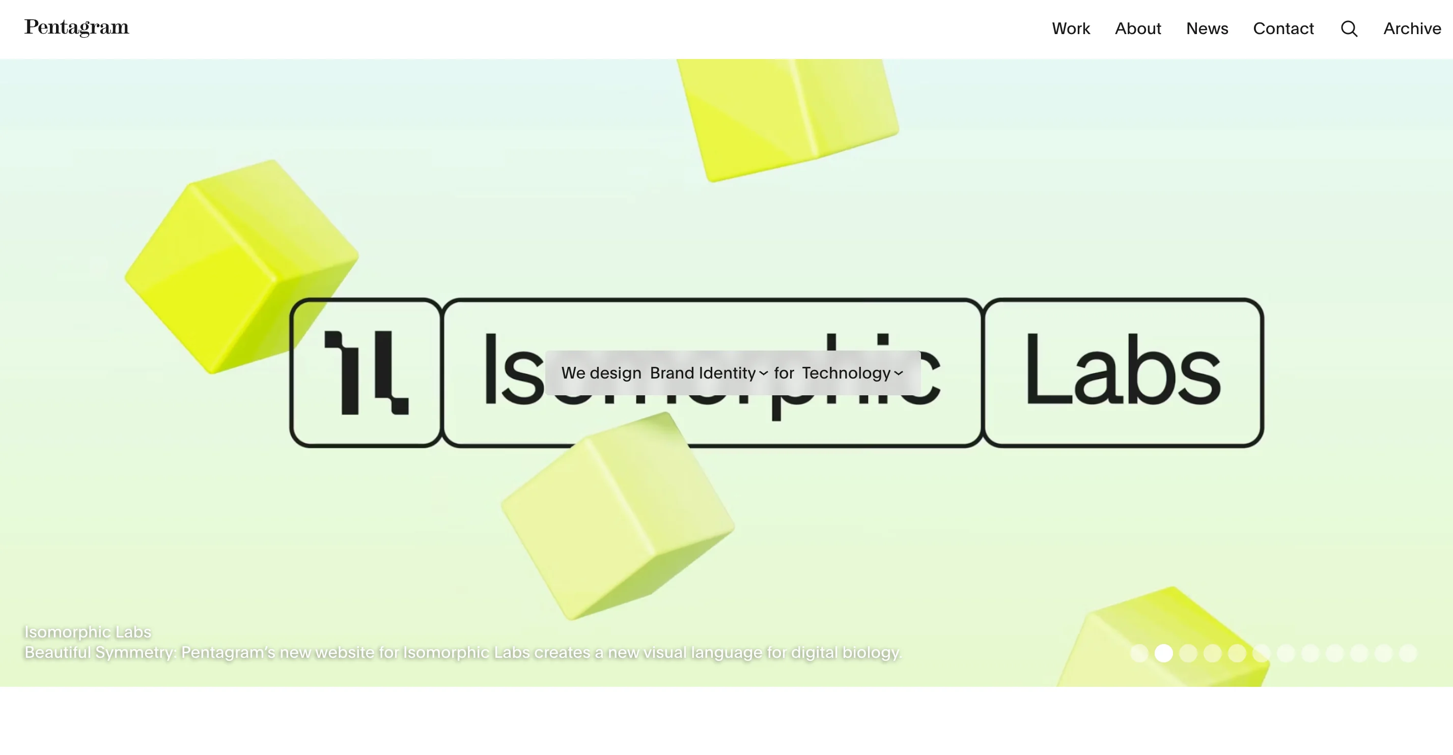 Pentagram homepage featuring the Isomorphic Labs identity, with the logo in rounded boxes among floating lime-green cubes