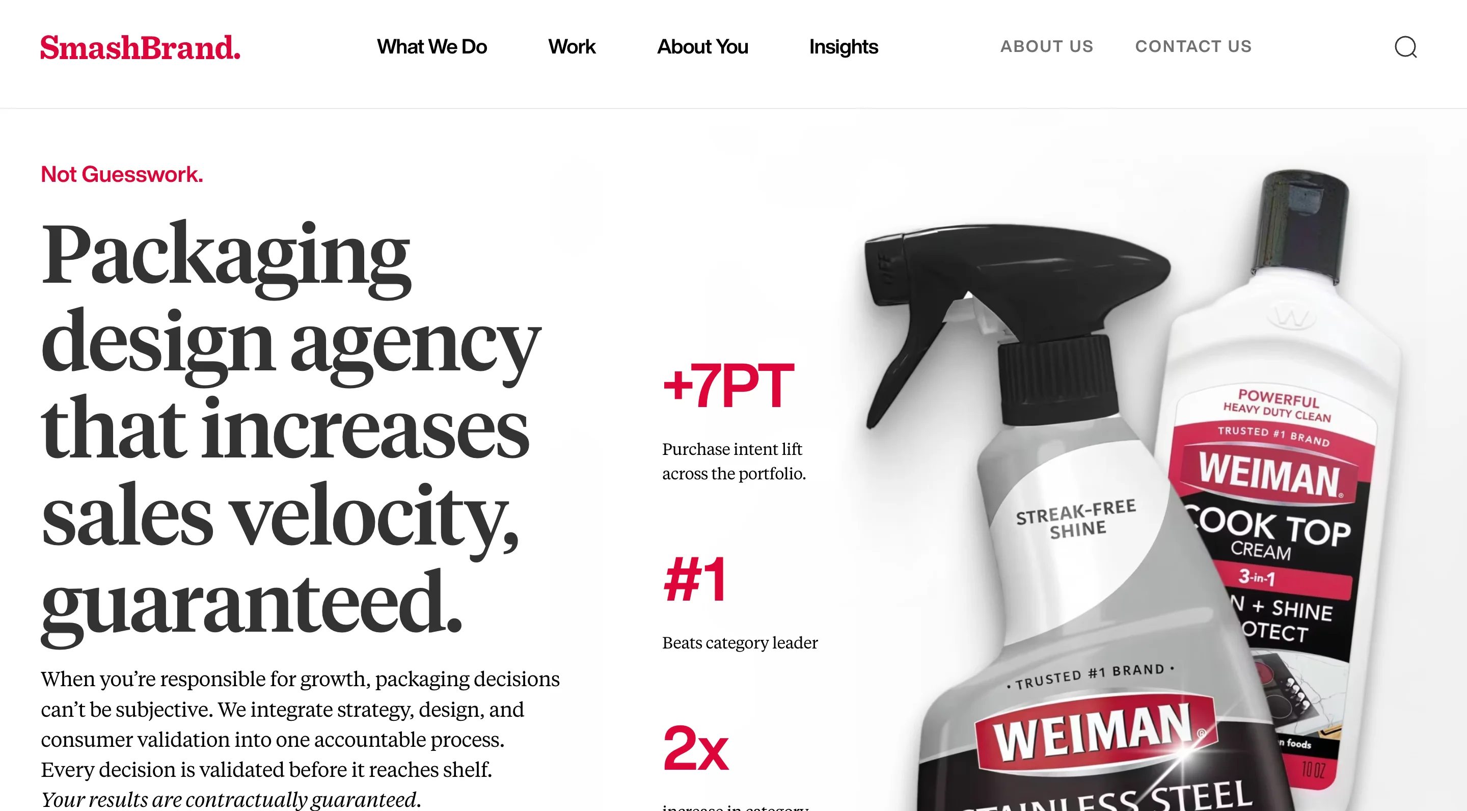 SmashBrand homepage: Packaging design agency that increases sales velocity, guaranteed, with two Weiman cleaner bottles