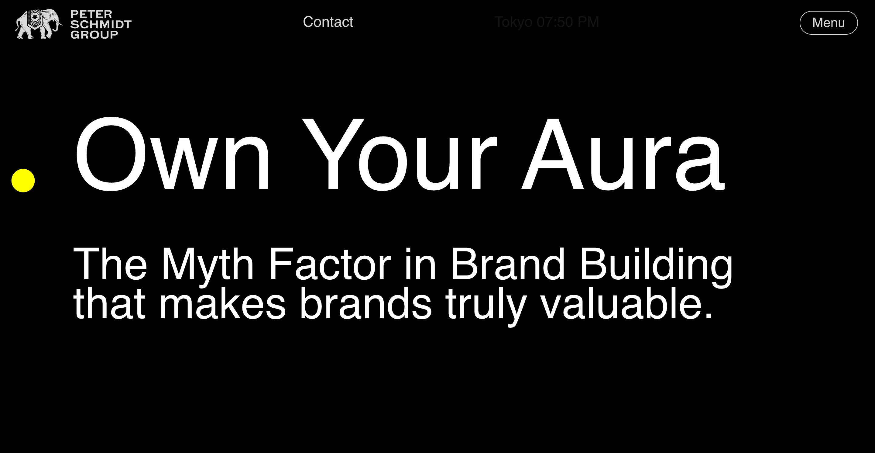 Peter Schmidt Group homepage on black with the headline Own Your Aura and the line The Myth Factor in Brand Building