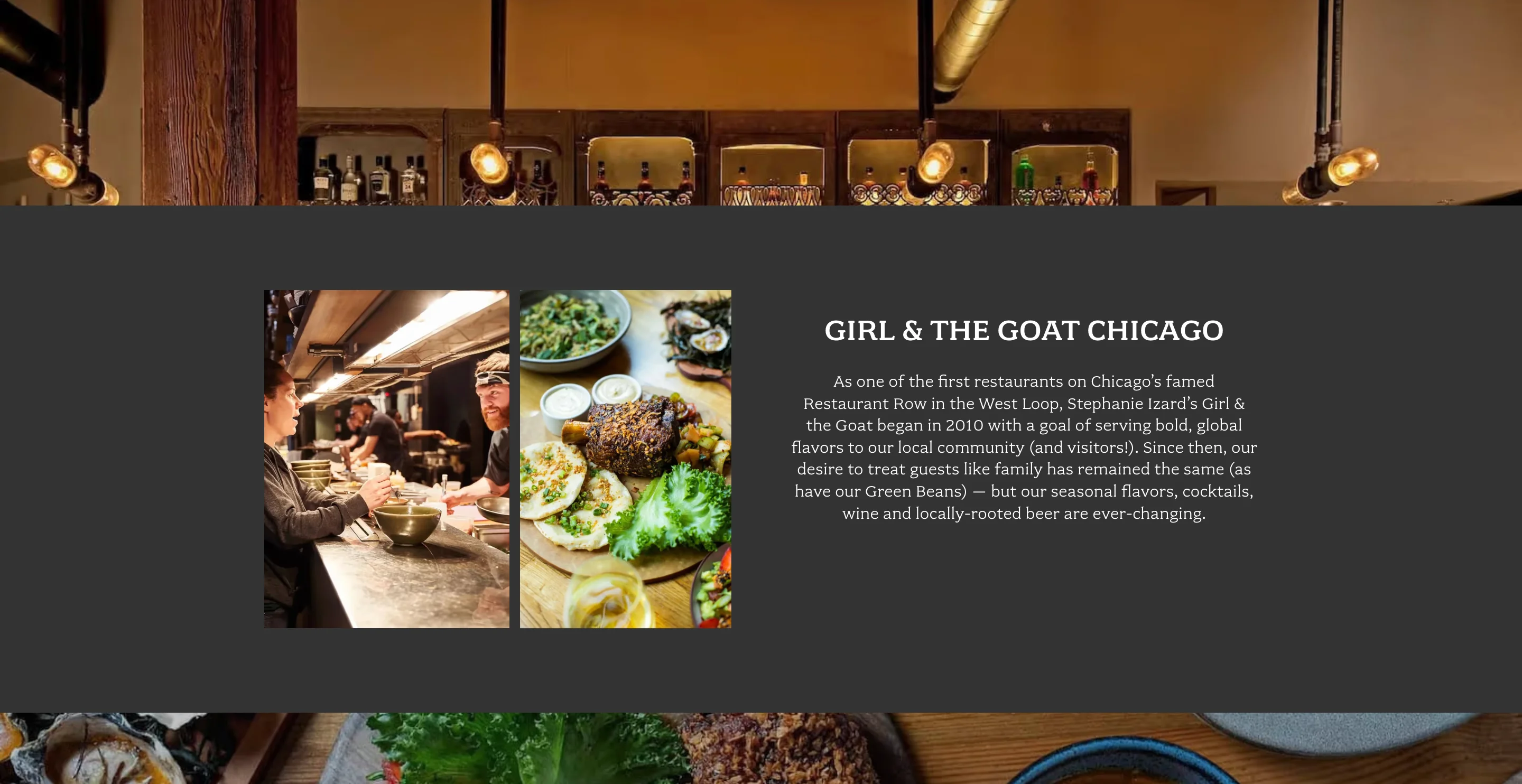 Girl & the Goat Chicago about section with a kitchen counter photo, a plated dish, and text on its 2010 West Loop start