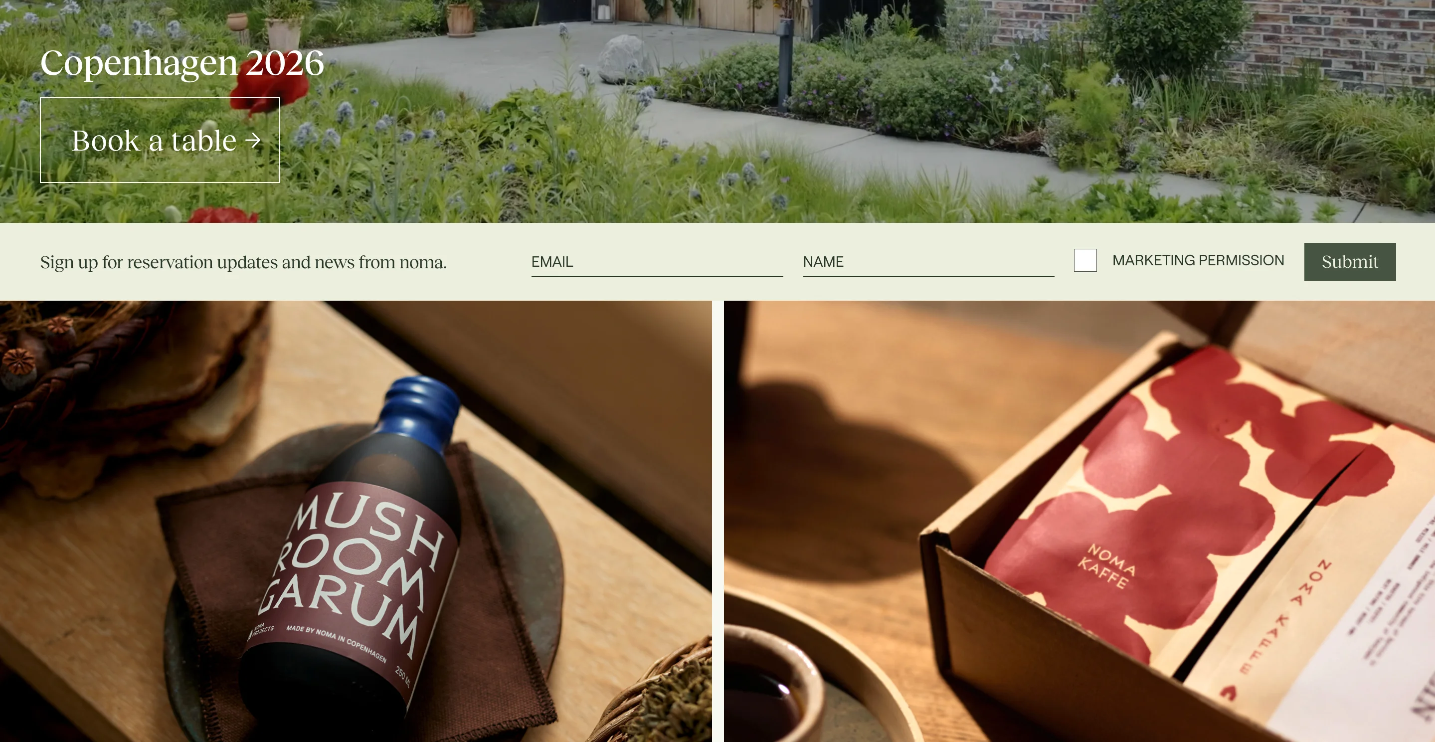 Noma page with a Copenhagen 2026 garden image, a Book a table button, a signup bar, and Mushroom Garum and coffee photos