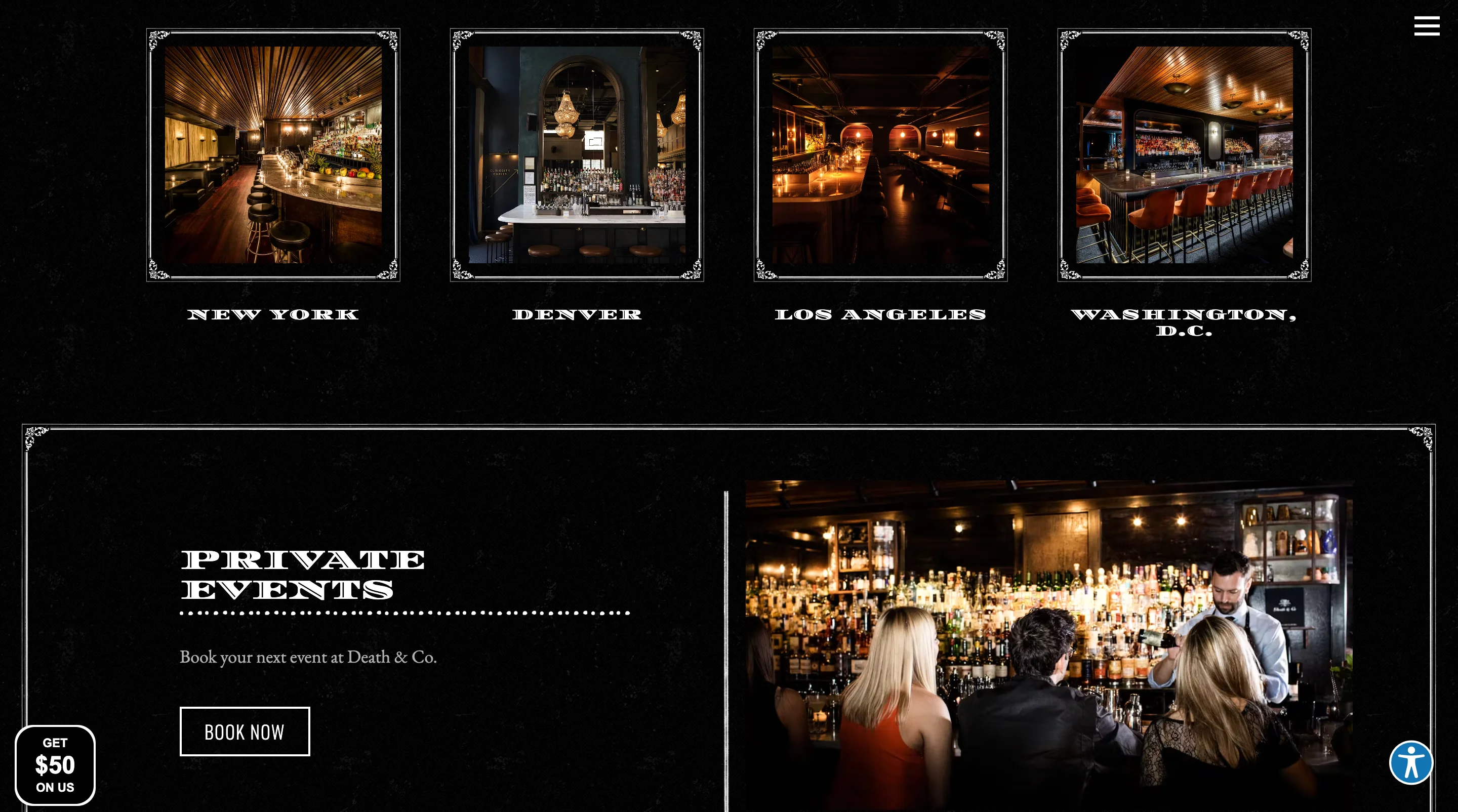 Death & Co bars in New York, Denver, Los Angeles, and Washington, D.C., above a Private Events section with Book Now