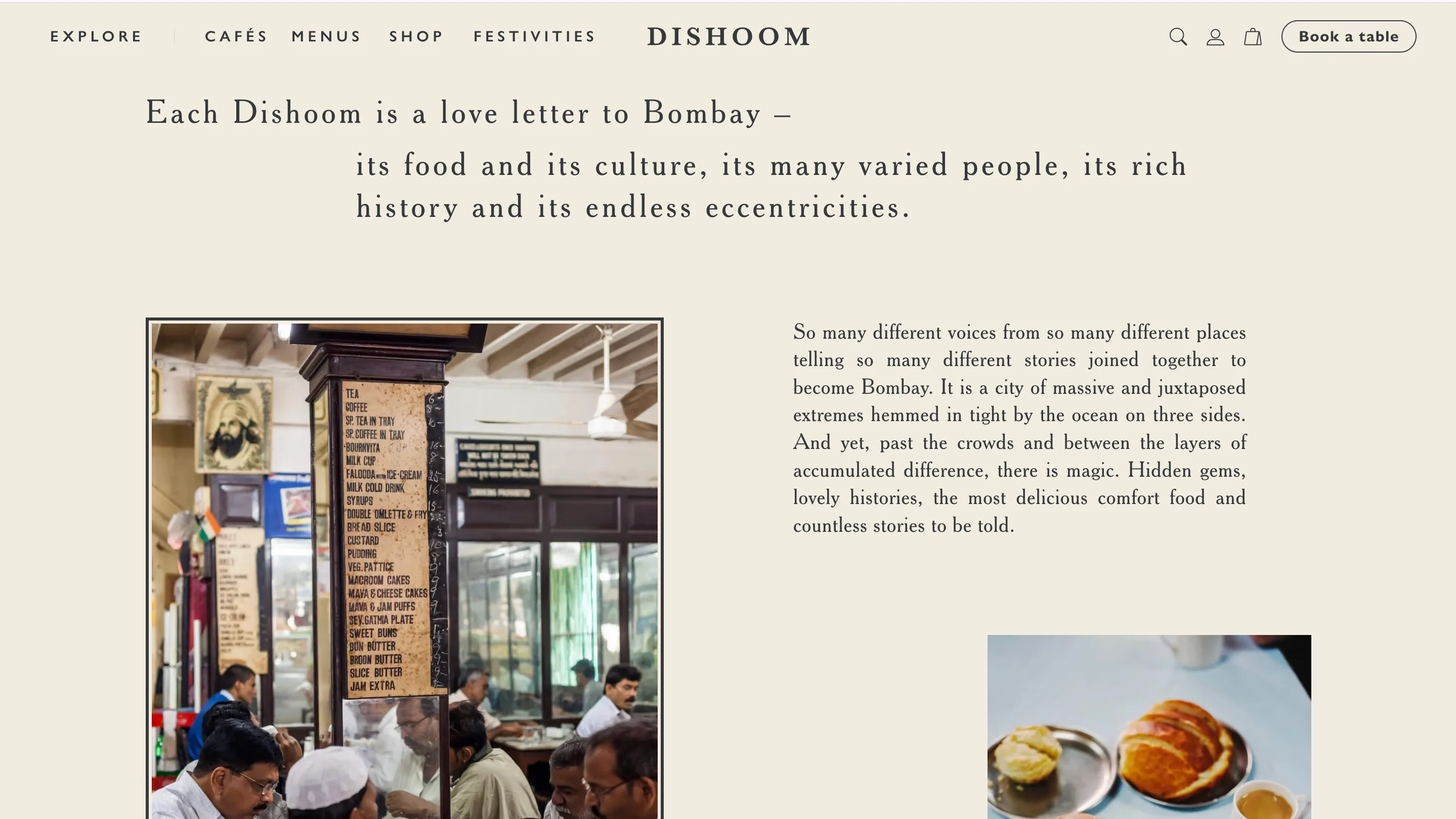 Dishoom homepage with a Book a table button, the line Each Dishoom is a love letter to Bombay, and a café interior photo