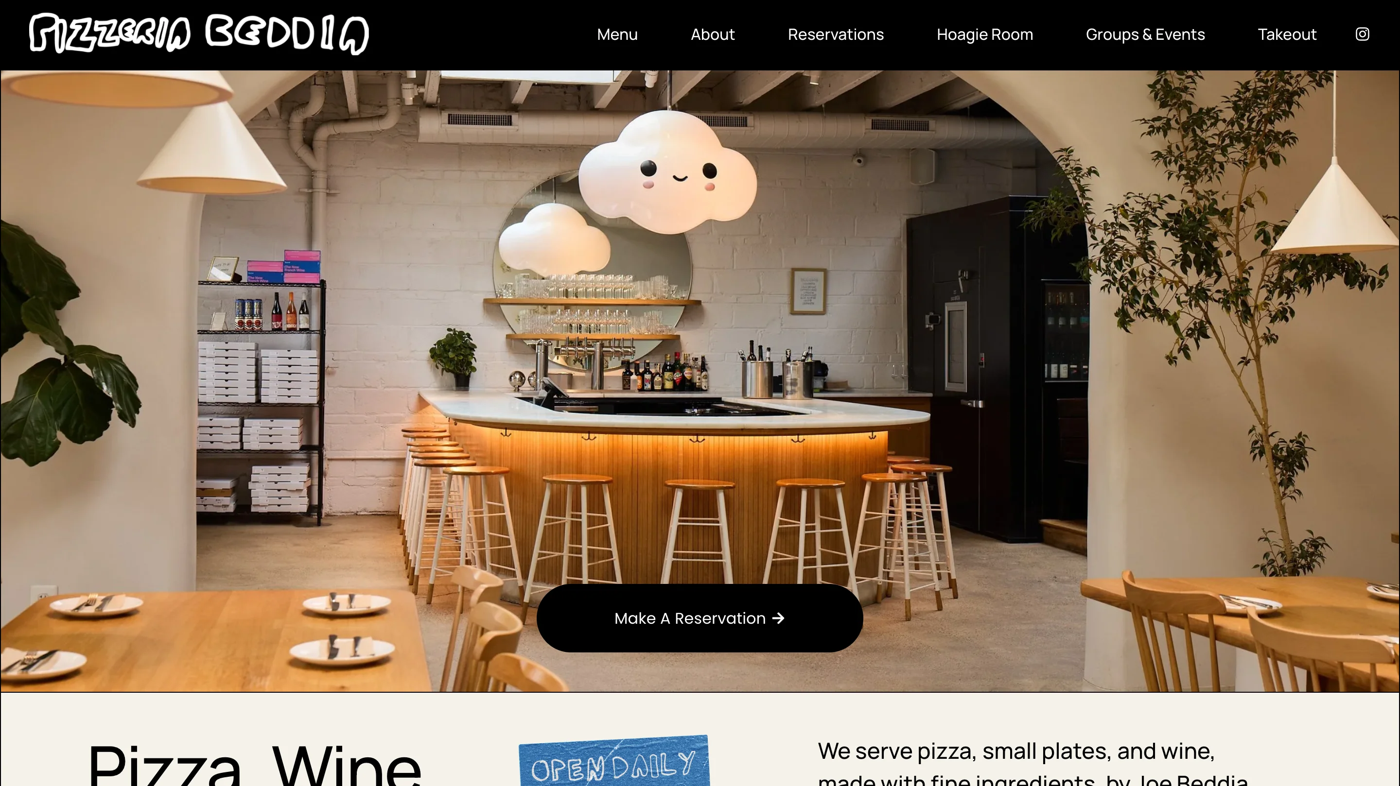 Pizzeria Beddia homepage with a dining room and round bar under cloud-shaped lamps and a Make A Reservation button