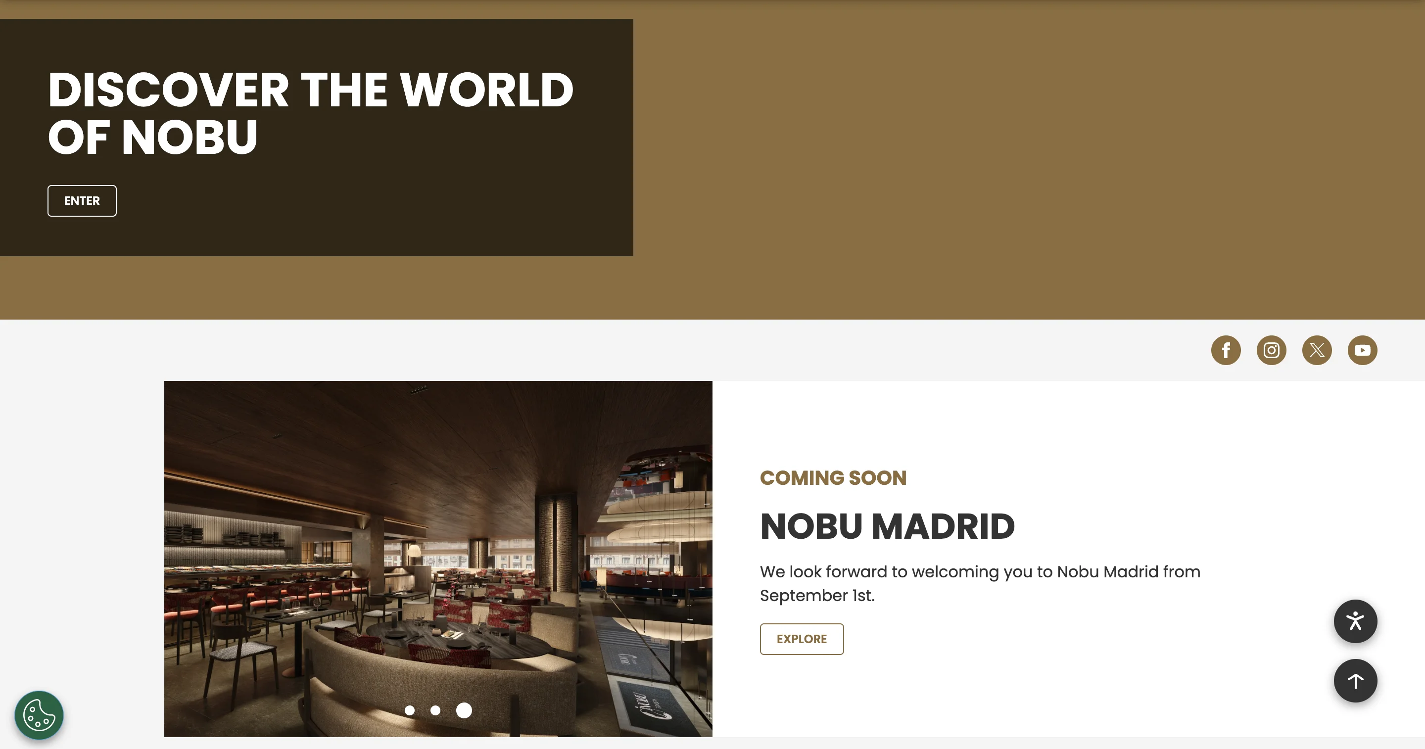 Nobu homepage with a Discover the World of Nobu Enter panel and a Coming Soon slide for Nobu Madrid with an interior image