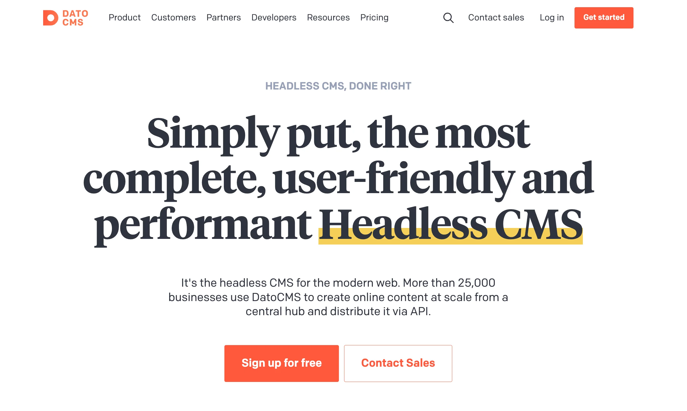 DatoCMS homepage with a headline about a complete, user-friendly headless CMS and sign-up and contact sales buttons