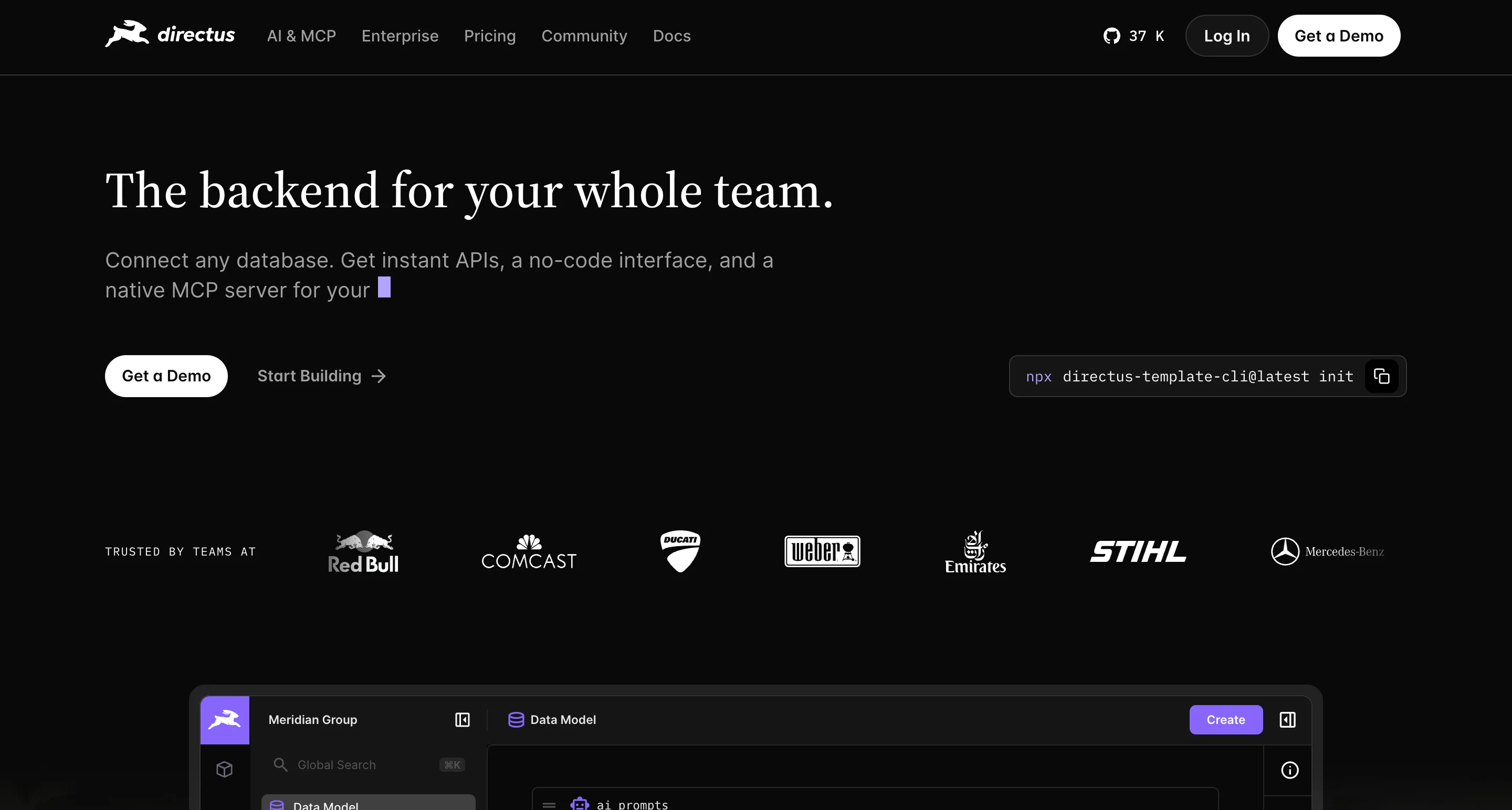 Directus homepage headline “The backend for your whole team” above logos of Red Bull, Comcast, and Mercedes-Benz