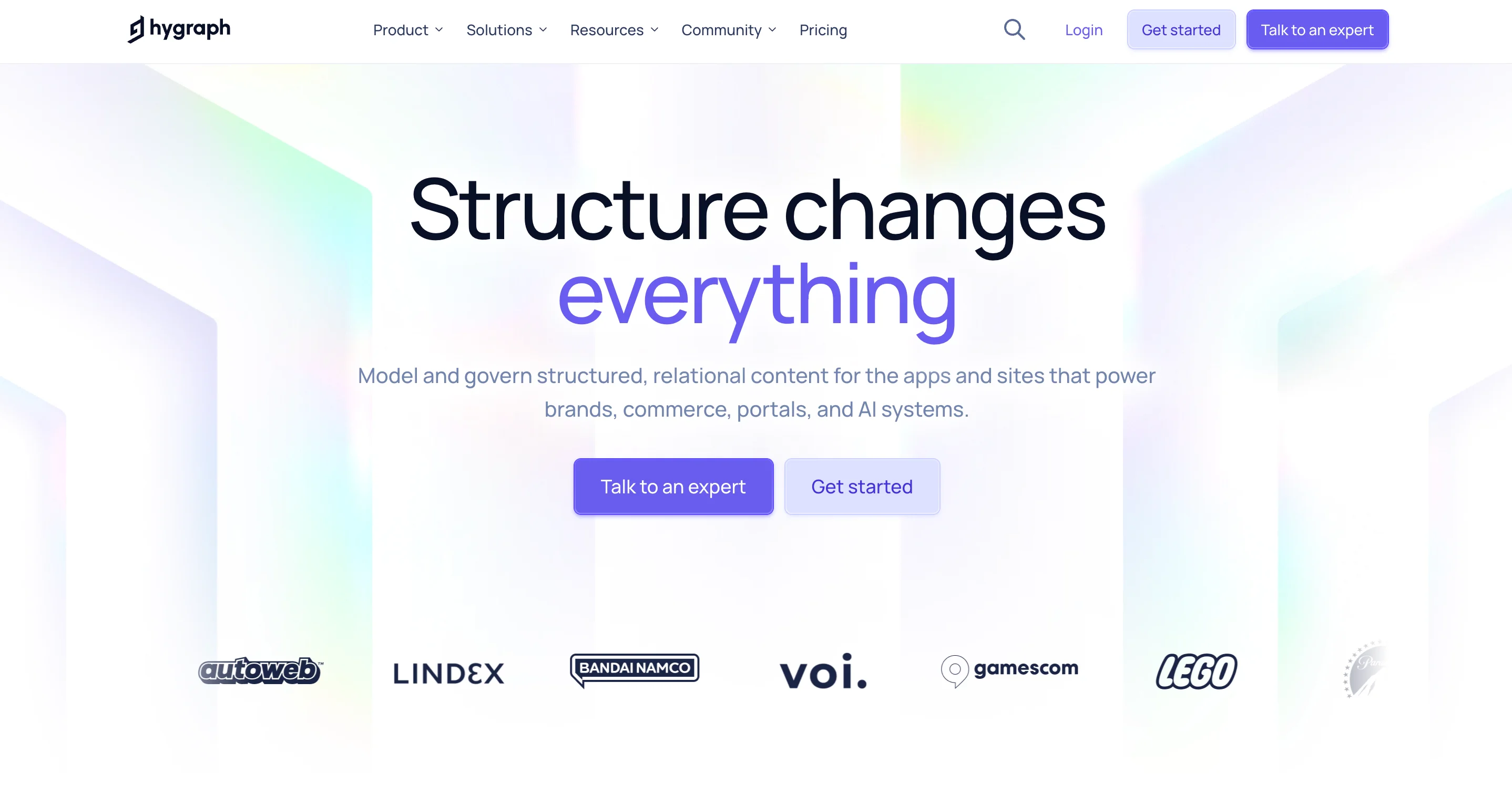 Hygraph homepage headline “Structure changes everything” above customer logos including Lindex and LEGO