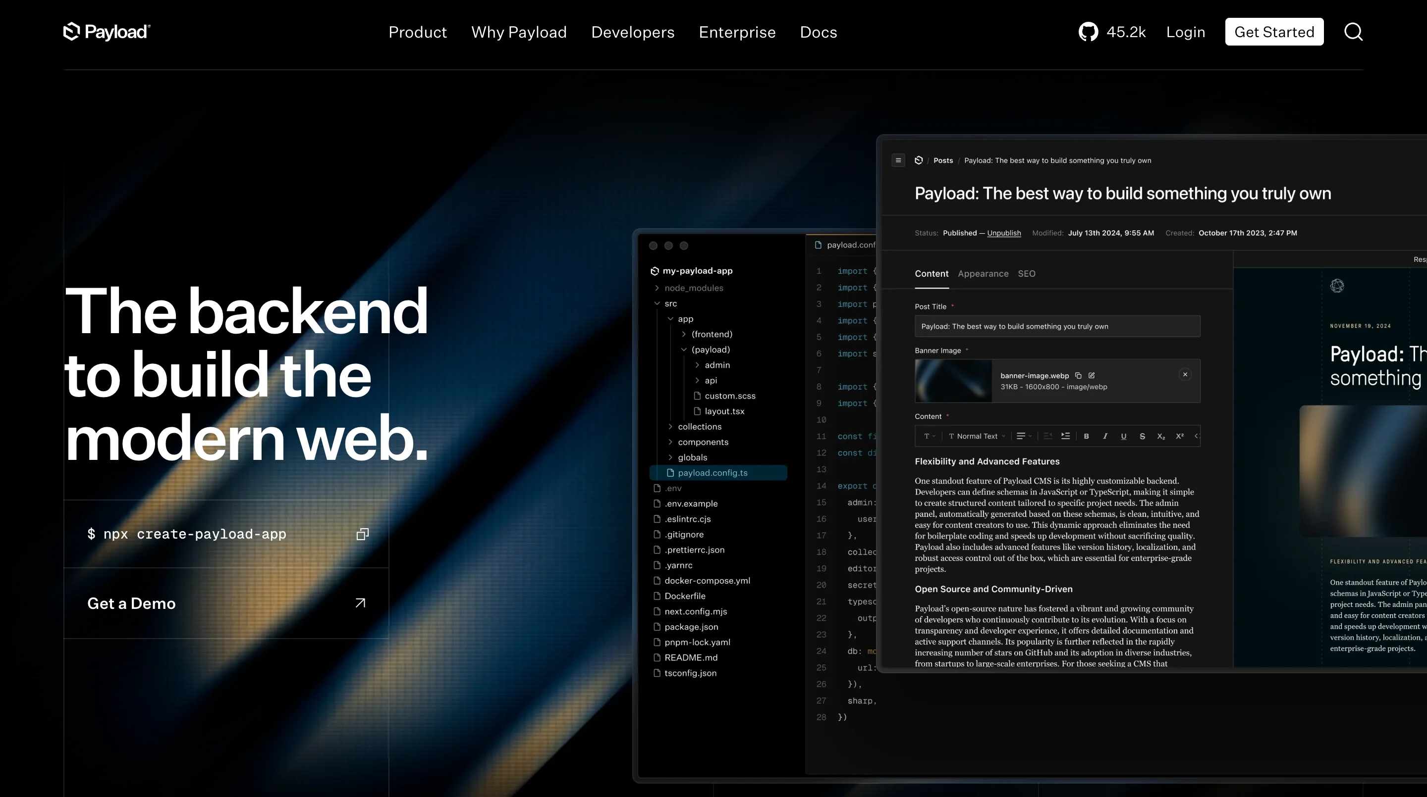 Payload homepage headline “The backend to build the modern web” beside a code editor and admin panel