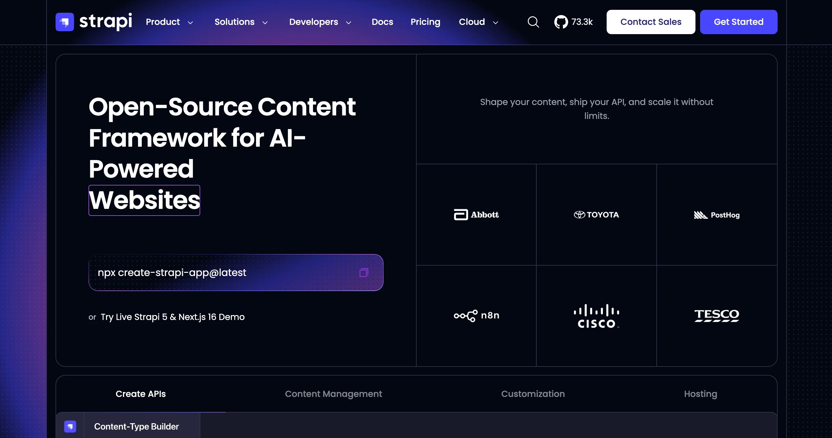 Strapi homepage headline “Open-Source Content Framework for AI-Powered Websites” above logos of Toyota and Cisco