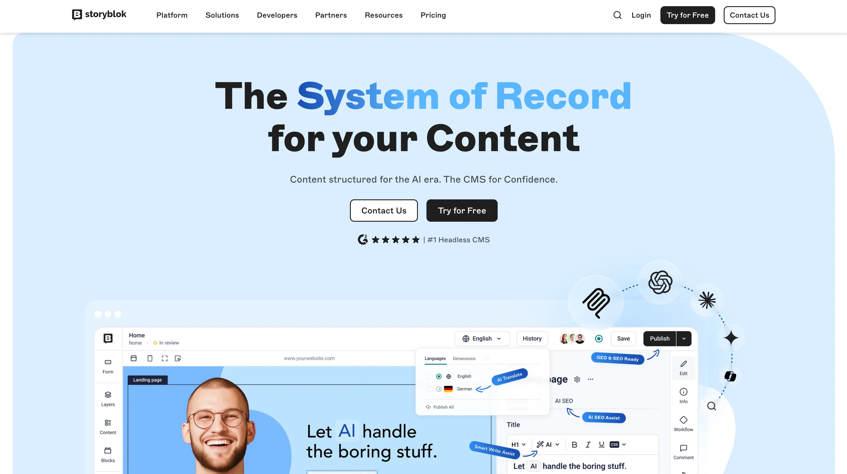 Storyblok homepage headline “The System of Record for your Content” with a visual editor preview