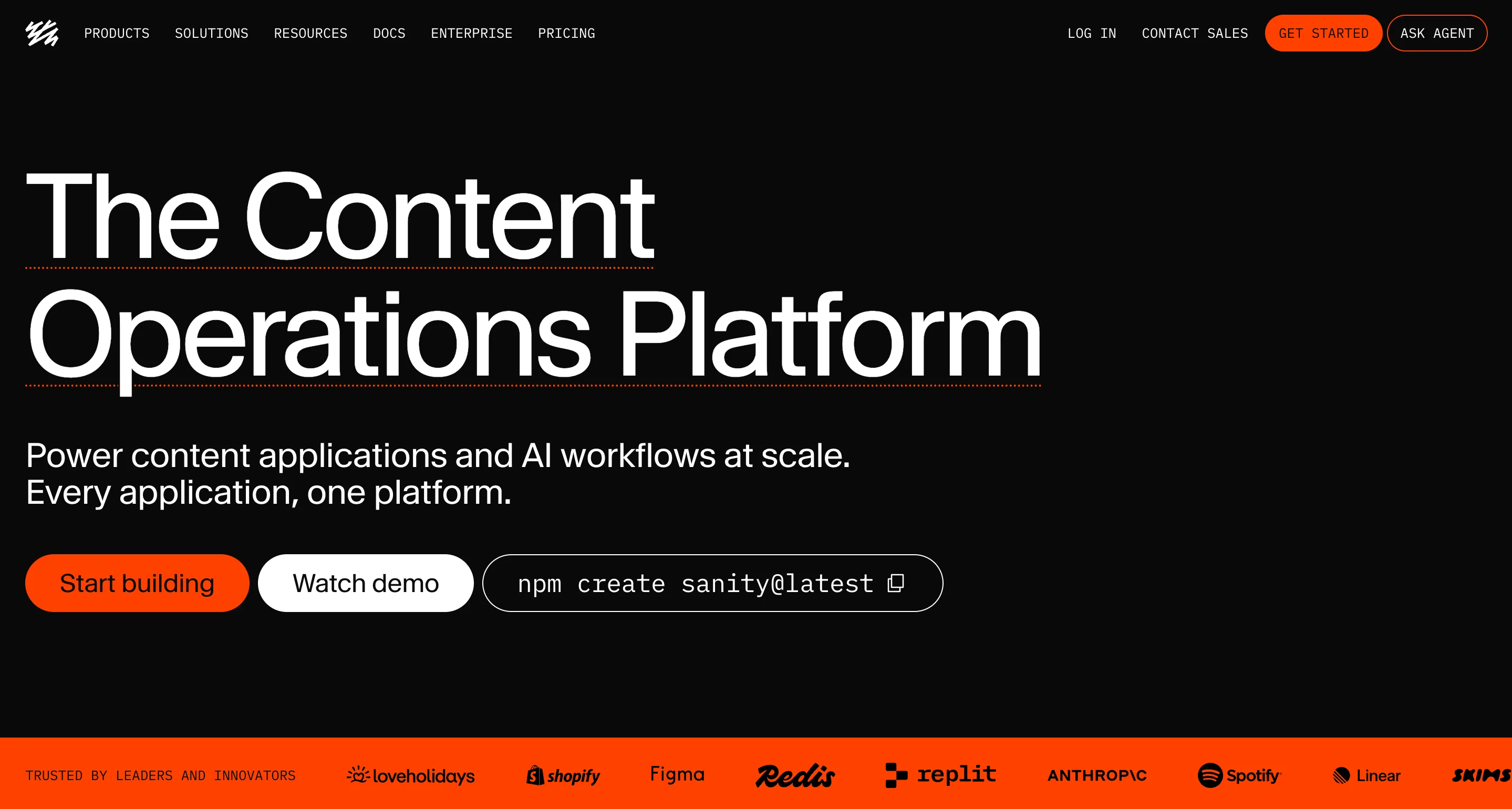 Sanity homepage headline “The Content Operations Platform” above logos of Shopify, Figma, and Spotify