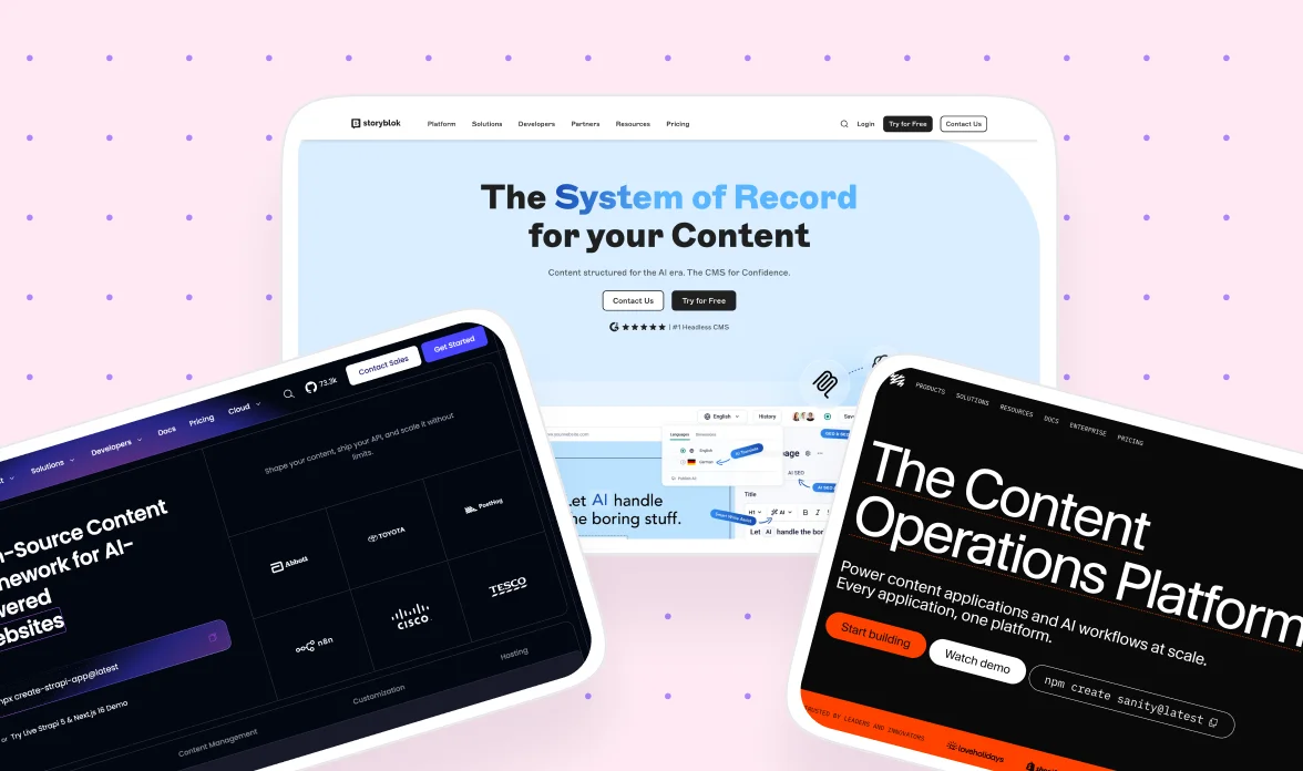 Homepages of Storyblok, Strapi, and Sanity, three headless CMS platforms, shown on tablet screens