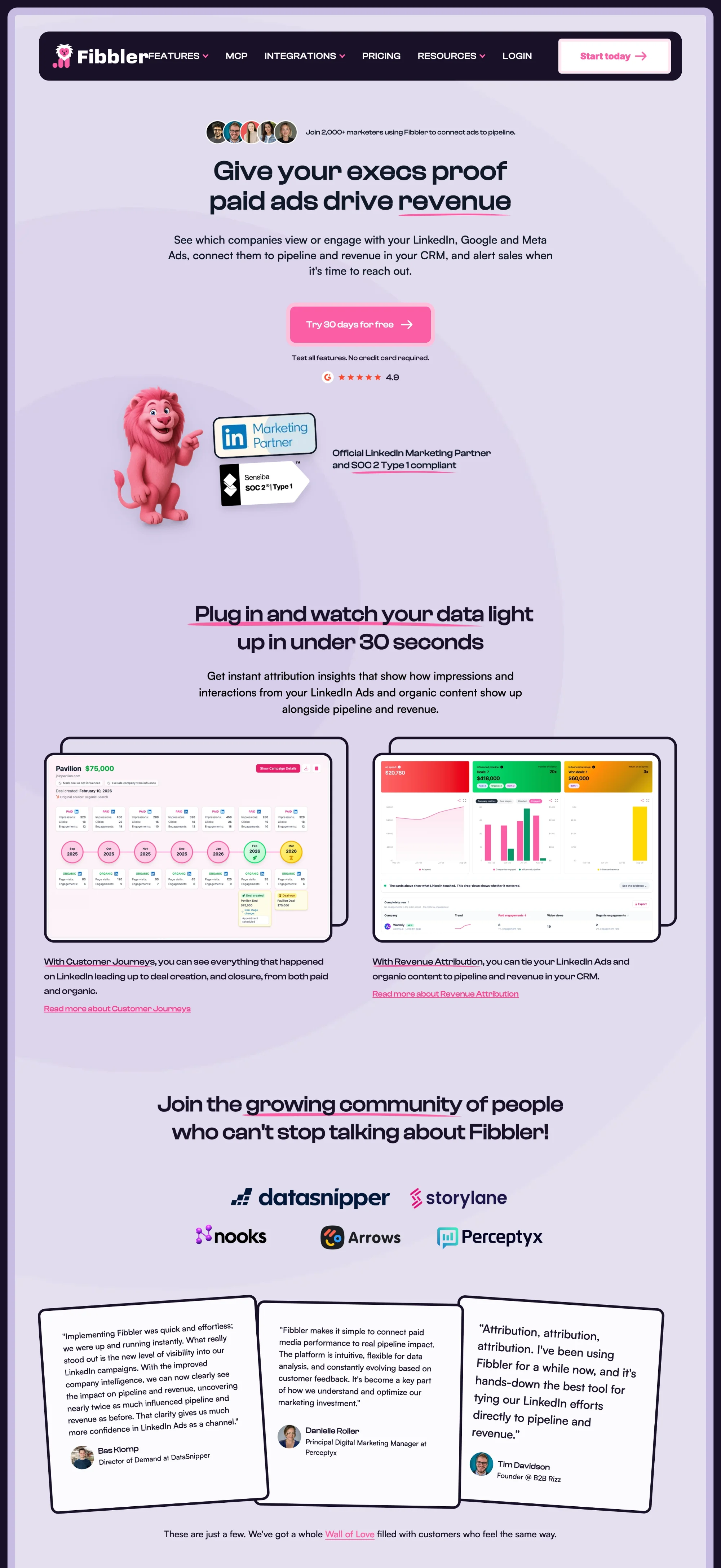 Fibbler homepage headline “Give your execs proof paid ads drive revenue” above a free trial button