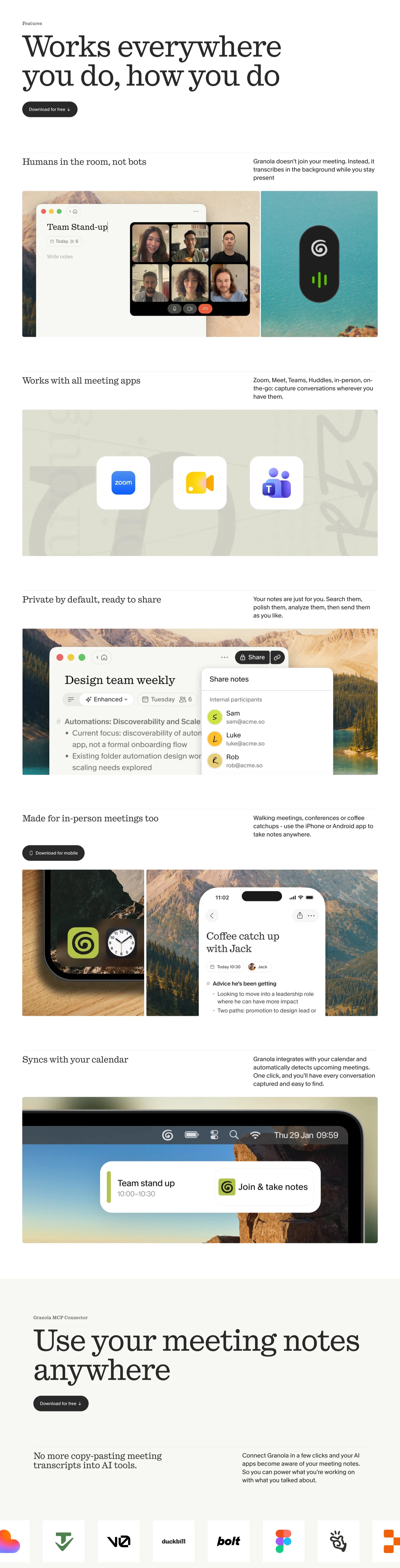 Granola homepage headline “The AI notepad for back-to-back meetings” with a download button