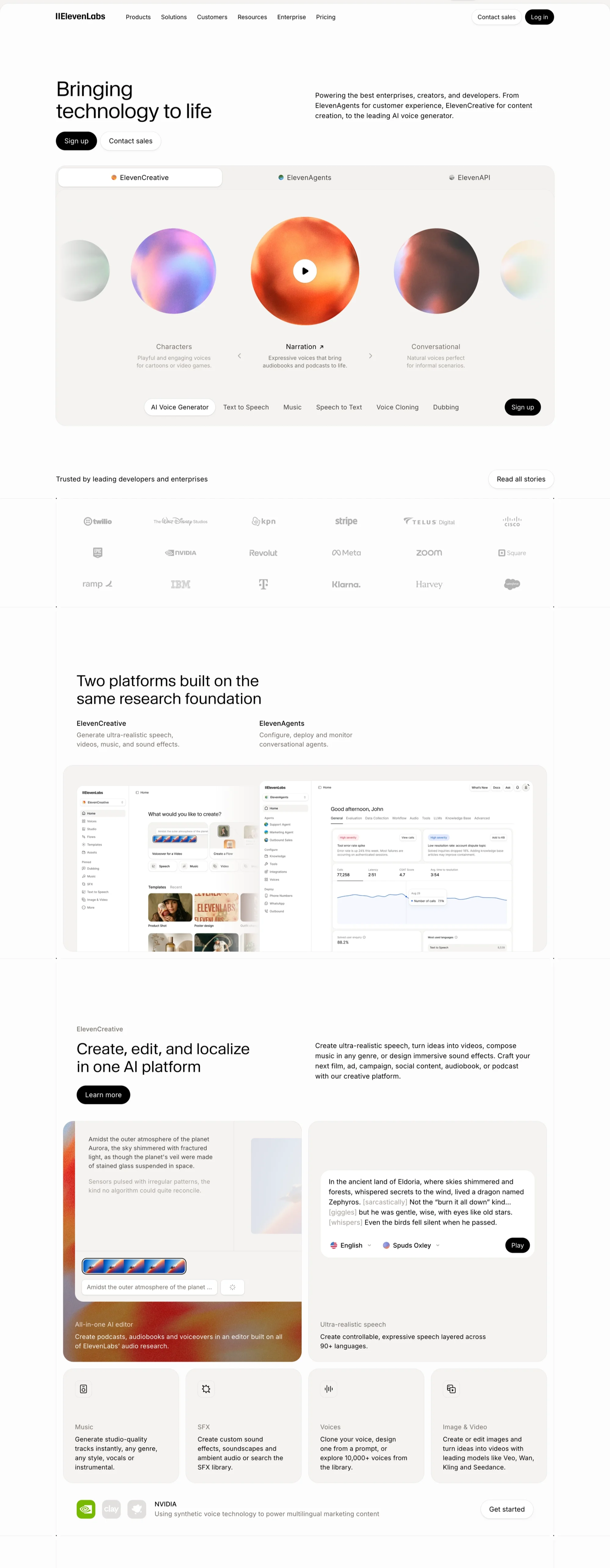 ElevenLabs homepage headline “Bringing technology to life” with product tabs and sign-up buttons