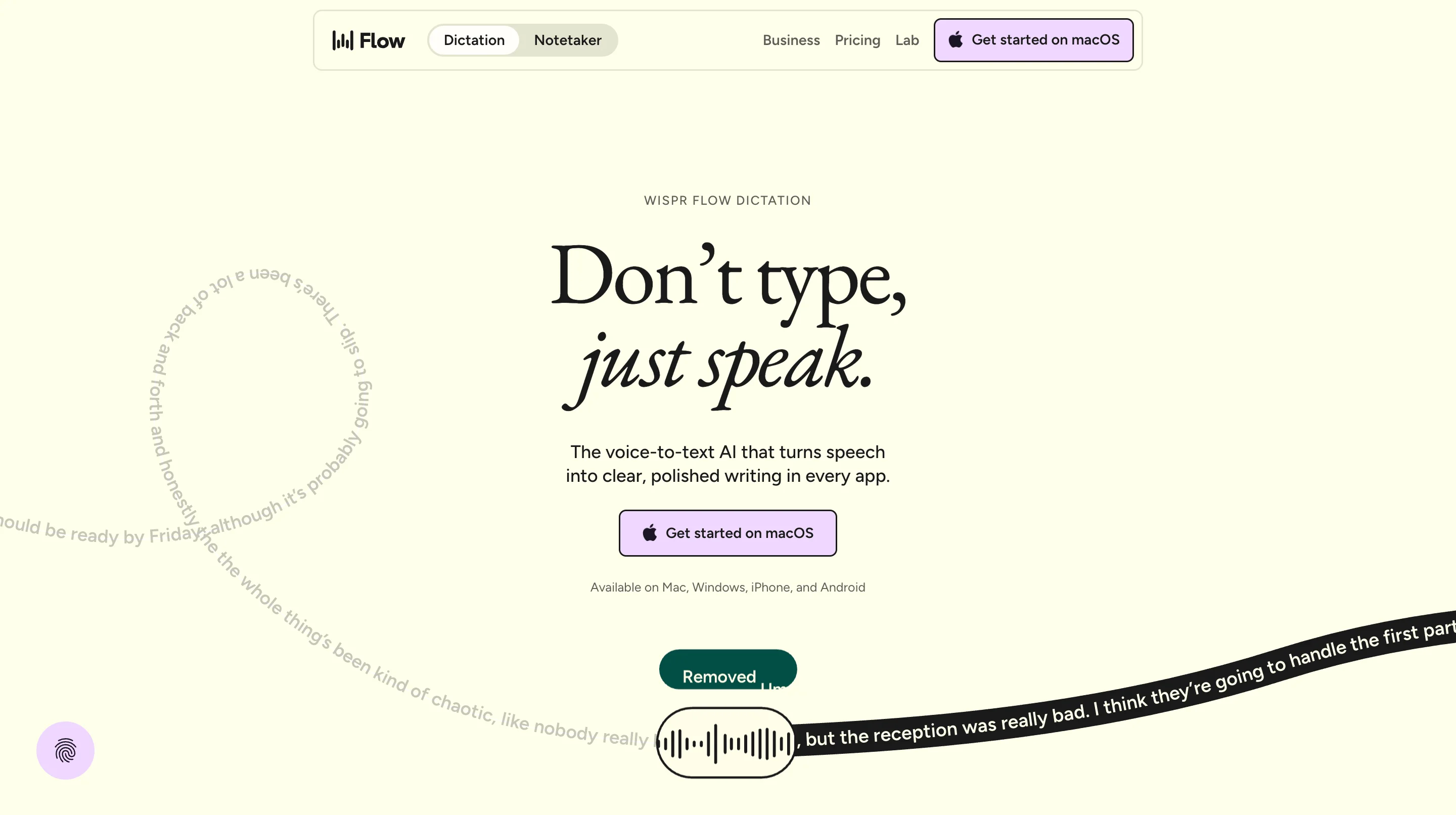 Wispr Flow hero section design with the headline 'Don't type, just speak,' one macOS button, and flowing speech text