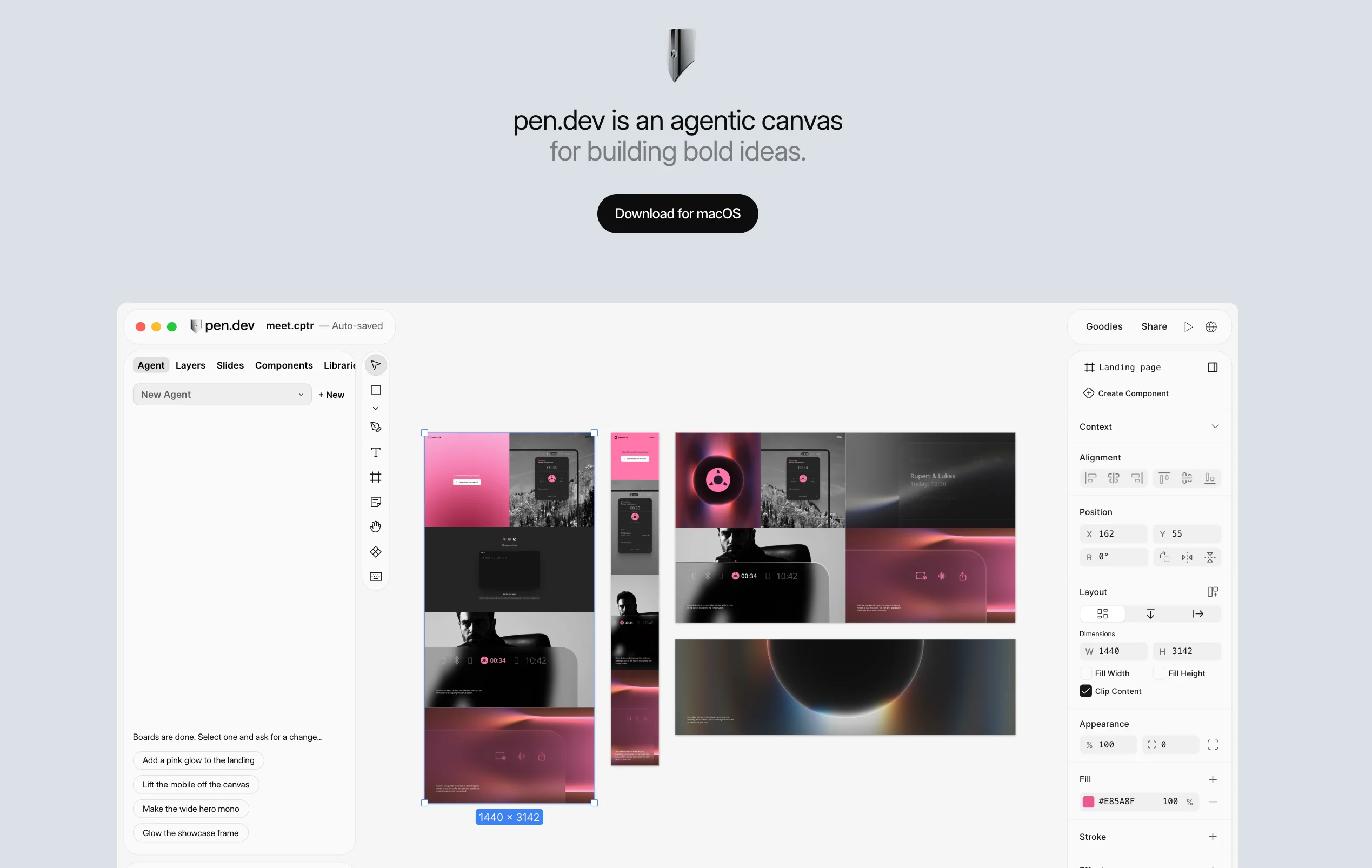 Hero section design from pen.dev with an 'agentic canvas' headline, one macOS download button, and a full product screenshot below