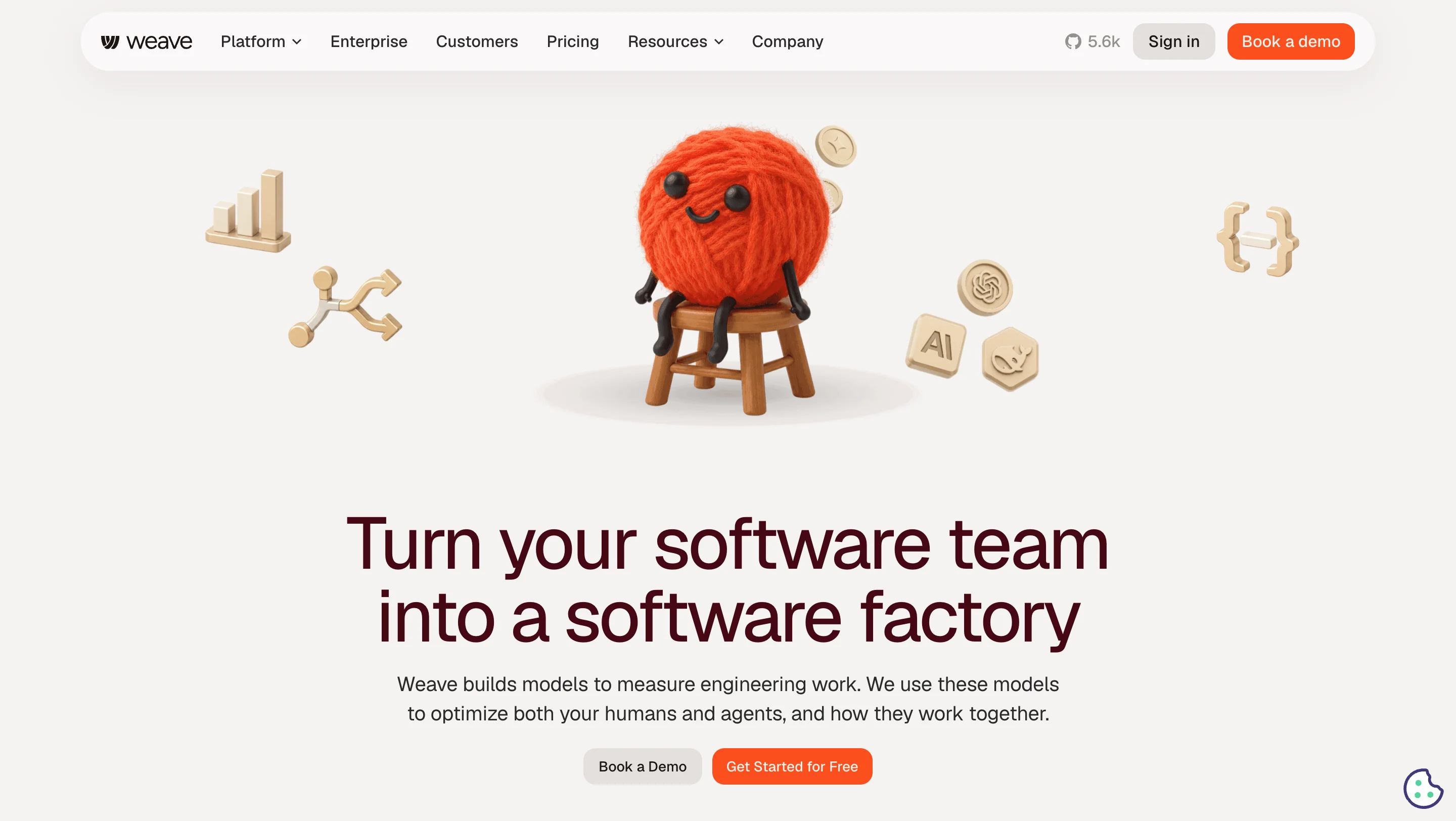 Weave hero section design with a yarn mascot, the headline 'Turn your software team into a software factory,' and two buttons