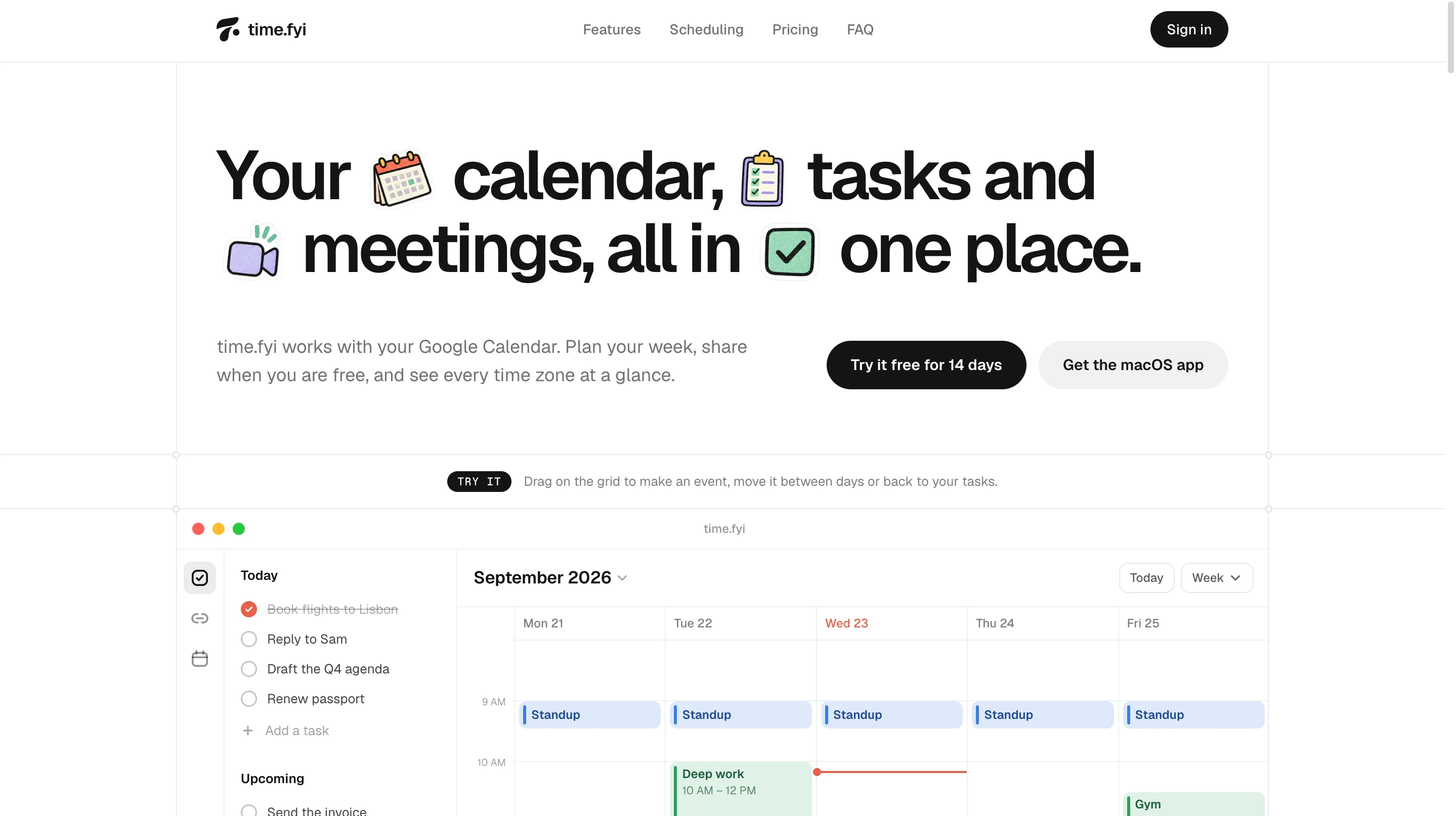 time.fyi hero section design with an icon-filled headline, a 14-day free trial button, and an interactive calendar demo below