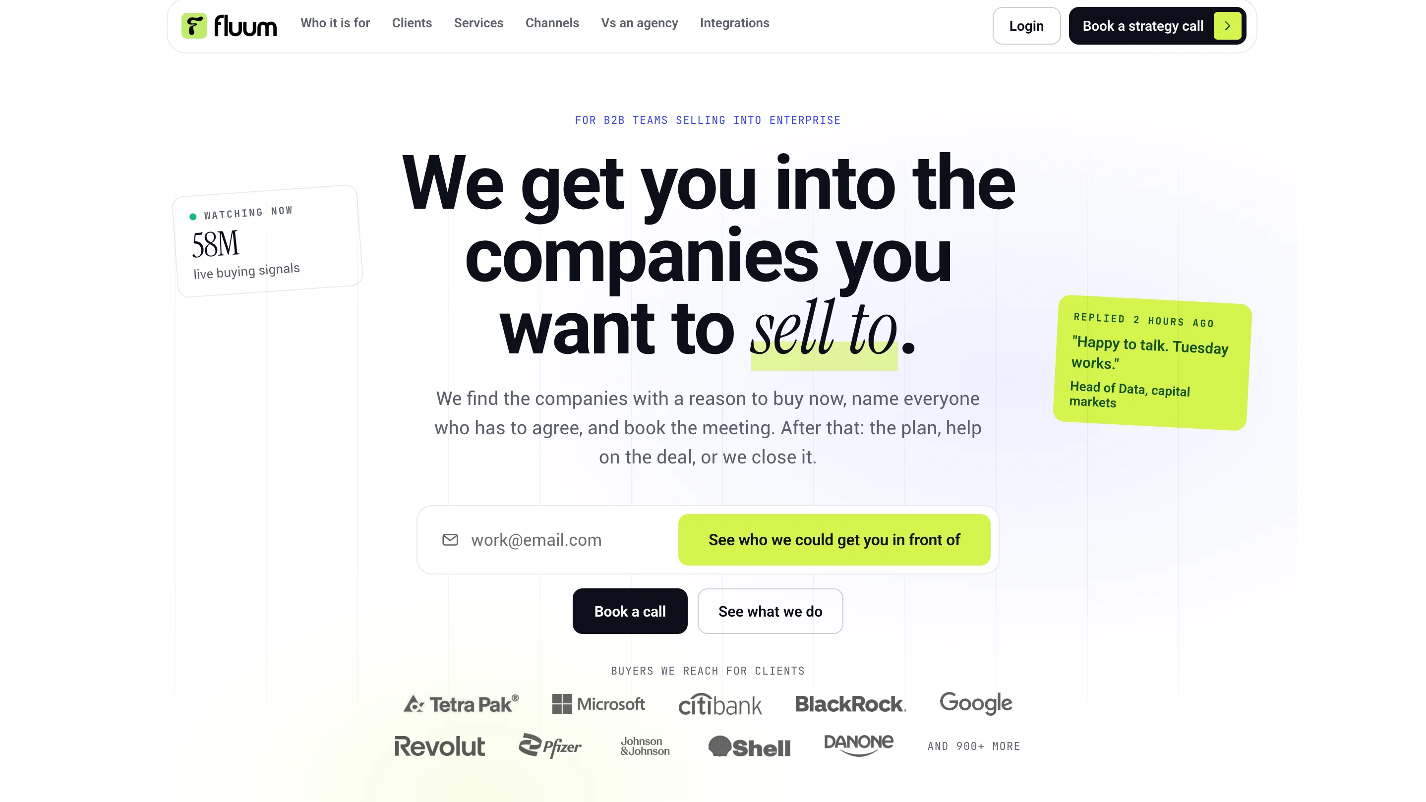 Fluum hero section design with a 'sell to' headline for B2B teams, an email form, and a strip of buyer logos