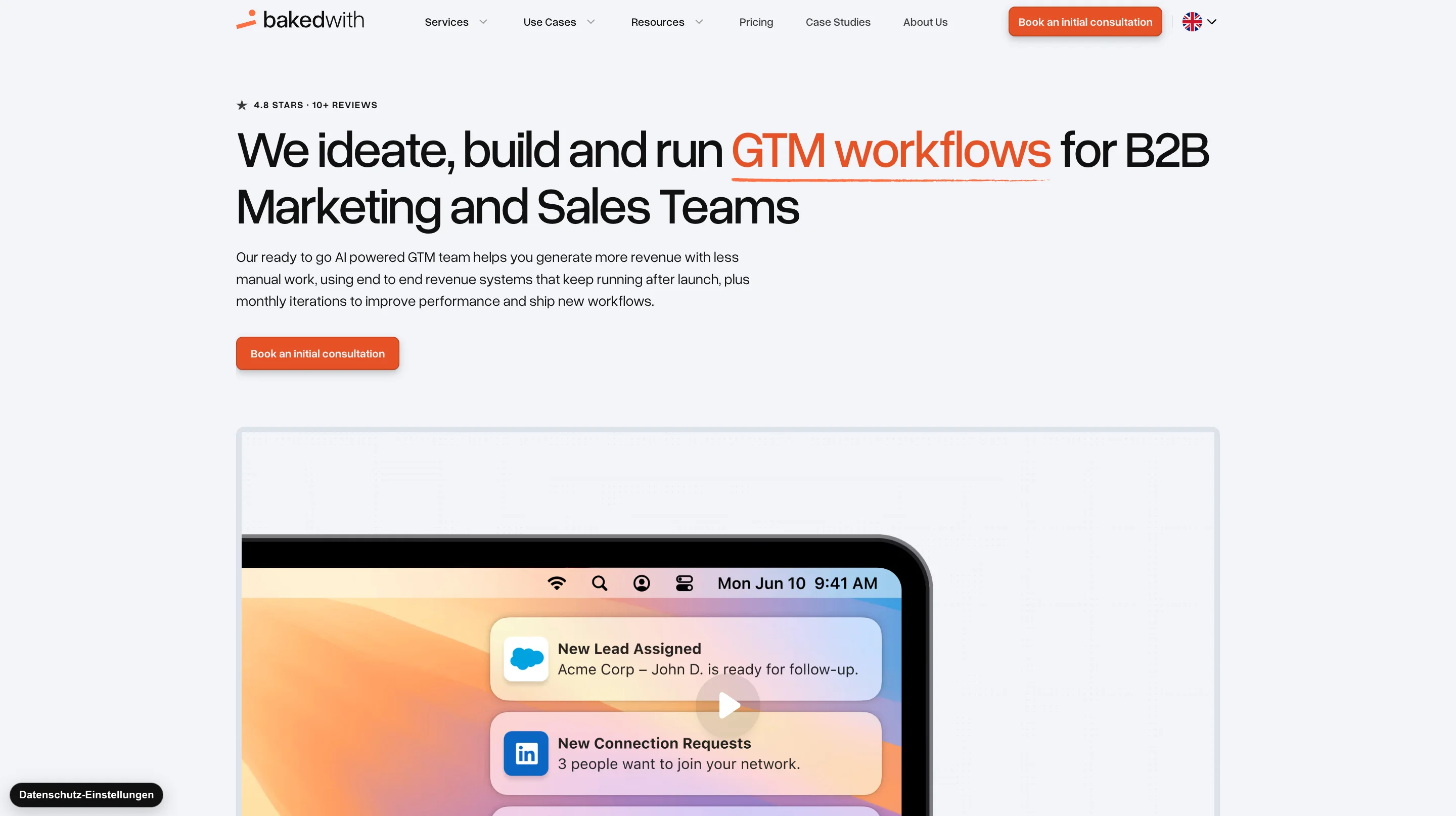 bakedwith hero section design with a GTM workflows headline, one consultation button, and a demo video mockup with app notifications