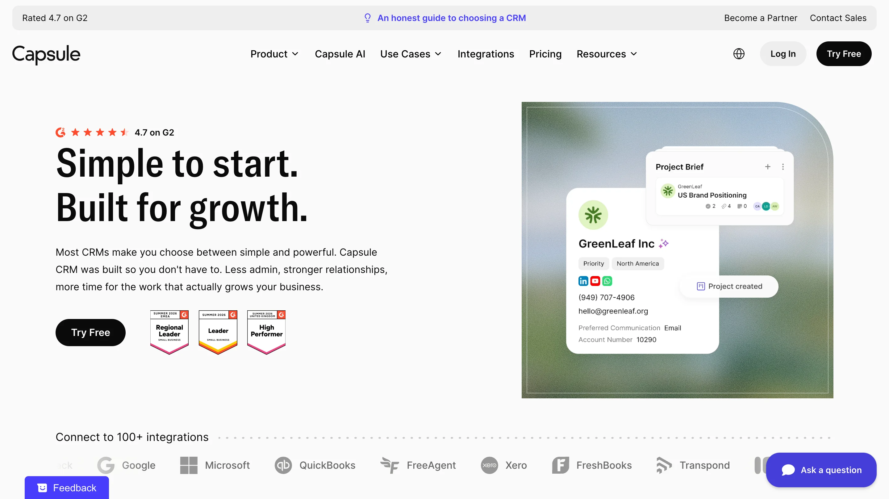 Capsule CRM hero section design with a G2 rating above the headline, a Try Free button, review badges, and a product UI card
