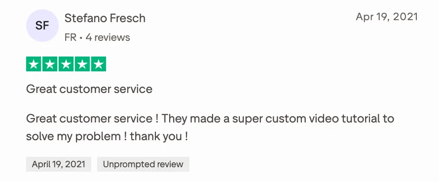 Trustpilot review by Stefano Fresch, 5 out of 5 stars, dated April 19, 2021. The reviewer praises Flow Ninja's customer service, noting the team made a custom video tutorial to solve their problem.