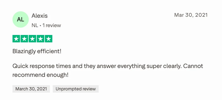 Trustpilot review by Alexis, 5 out of 5 stars, dated March 30, 2021, titled "Blazingly efficient!" The reviewer praises Flow Ninja's quick response times and clear answers to every question.