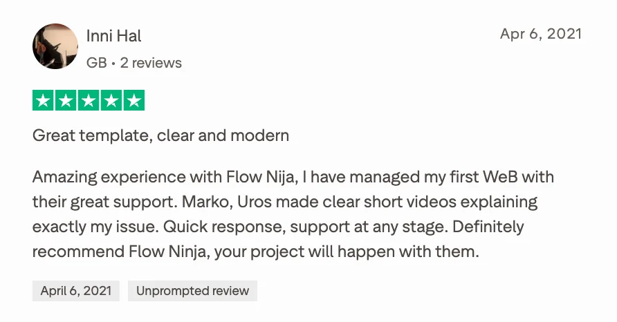 Trustpilot review by Inni Hal, 5 out of 5 stars, dated April 6, 2021, titled "Great template, clear and modern." The reviewer describes building their first website with Flow Ninja's support, highlighting short, clear explainer videos from team members Marko and Uros and quick responses at every stage.