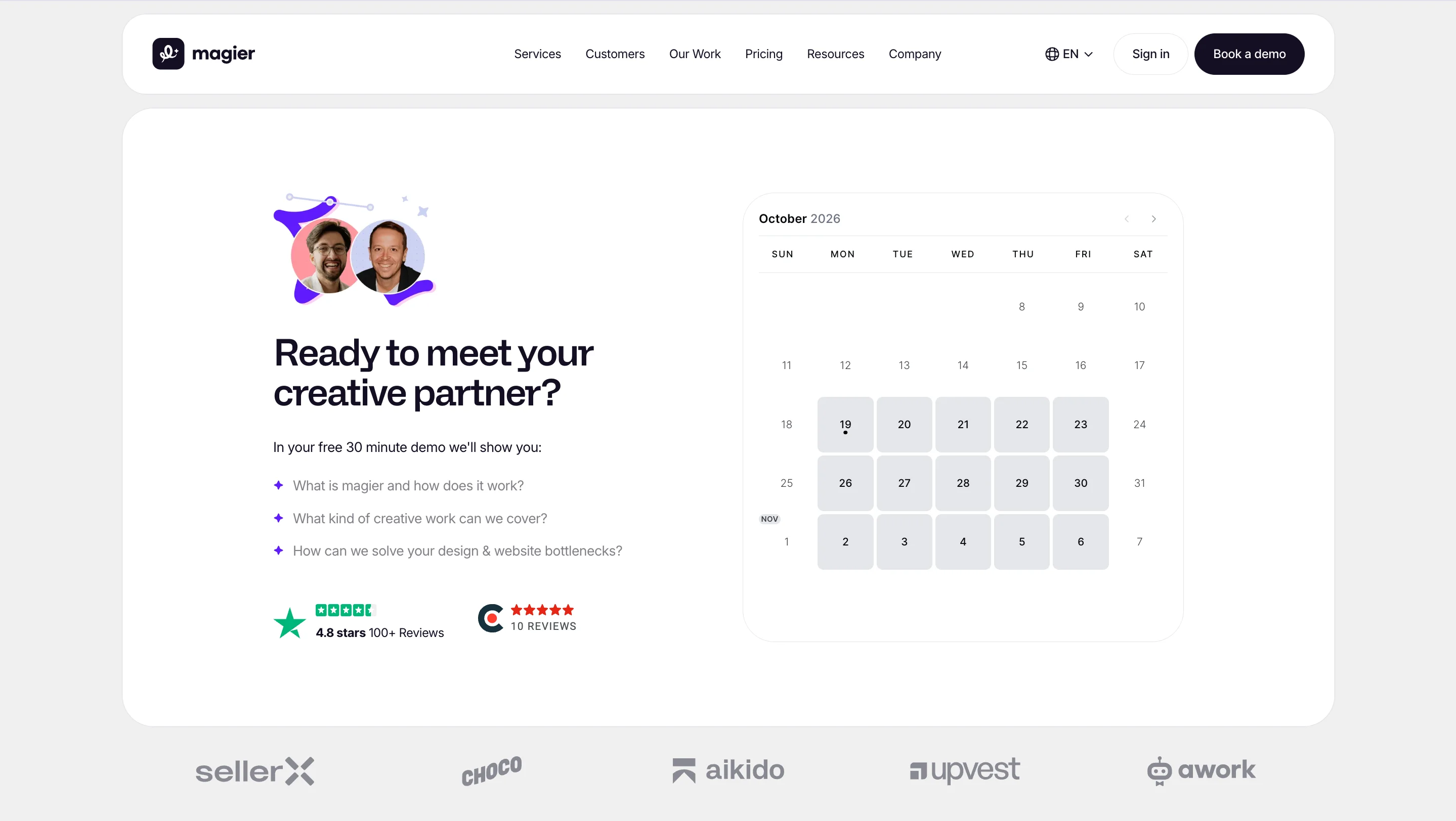 magier demo booking page with a headline, three bullet points, review badges, a date picker calendar, and customer logos