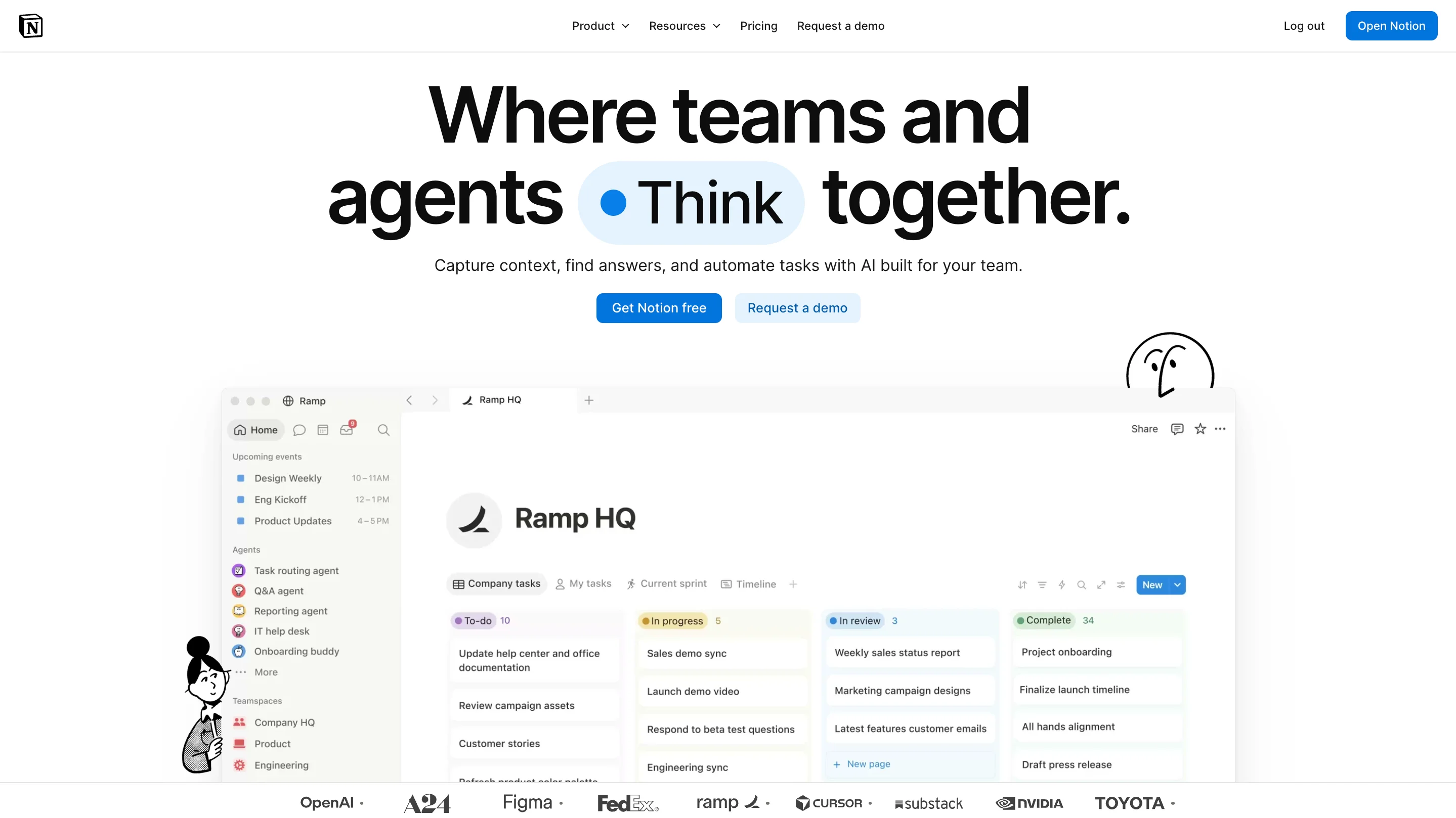 Notion homepage hero with a large headline, short subheadline, two CTA buttons, product screenshot, and customer logo bar