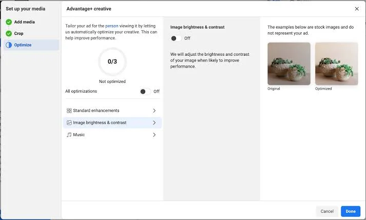 Meta Advantage+ creative settings panel with the image brightness and contrast, standard enhancements, and music toggles off