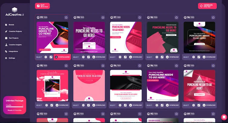 AdCreative.ai dashboard with a grid of generated ad layouts, each showing a predicted score out of 100