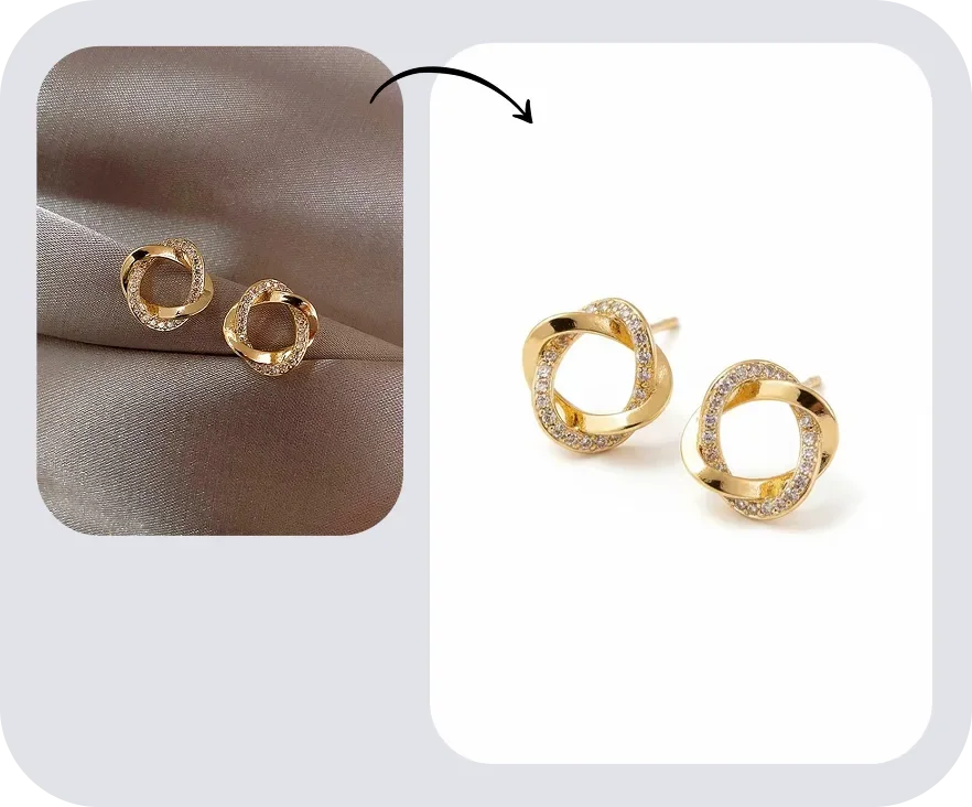 Gold earrings on grey fabric beside the same earrings cut out on a clean white background