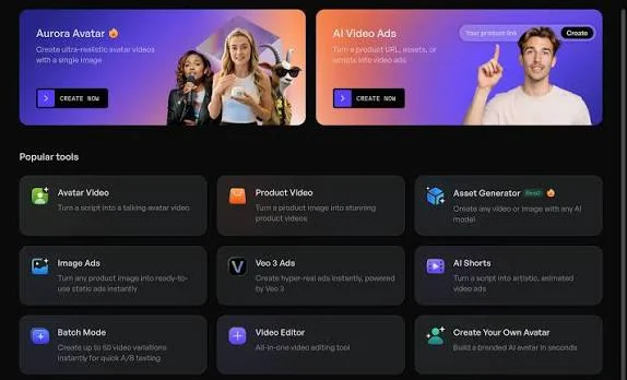 Creatify dashboard listing tools such as AI Video Ads, Product Video, Image Ads, and Batch Mode