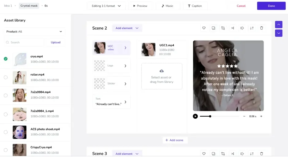Pencil video ad editor with an asset library, scene settings, and a skincare testimonial preview
