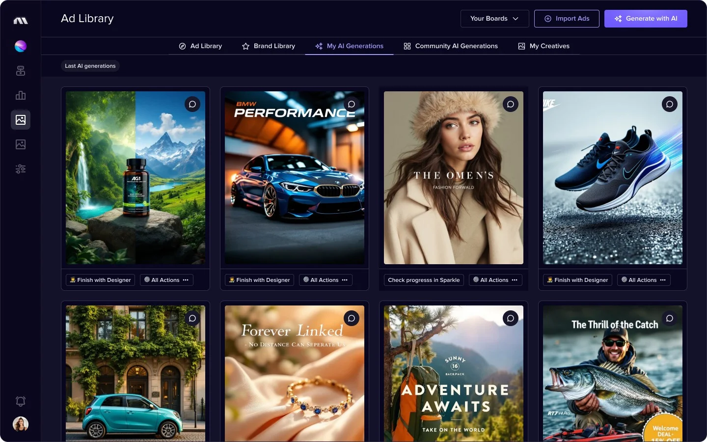 Madgicx ad library of AI-generated ad images for a supplement bottle, a car, a coat, and sneakers