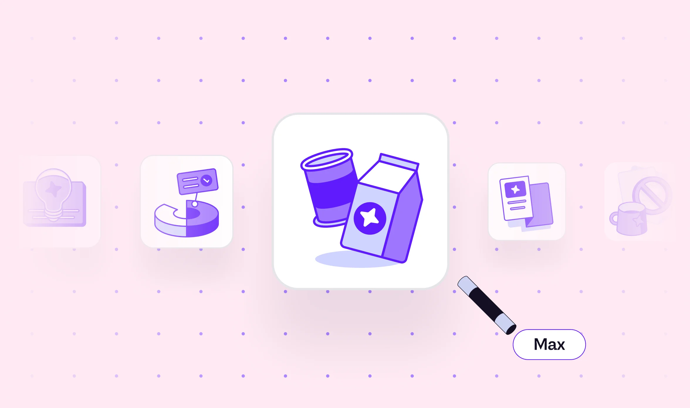 Illustration for a SaaS landing page CRO checklist with purple icons of a lightbulb, chart, cup, milk carton, and document